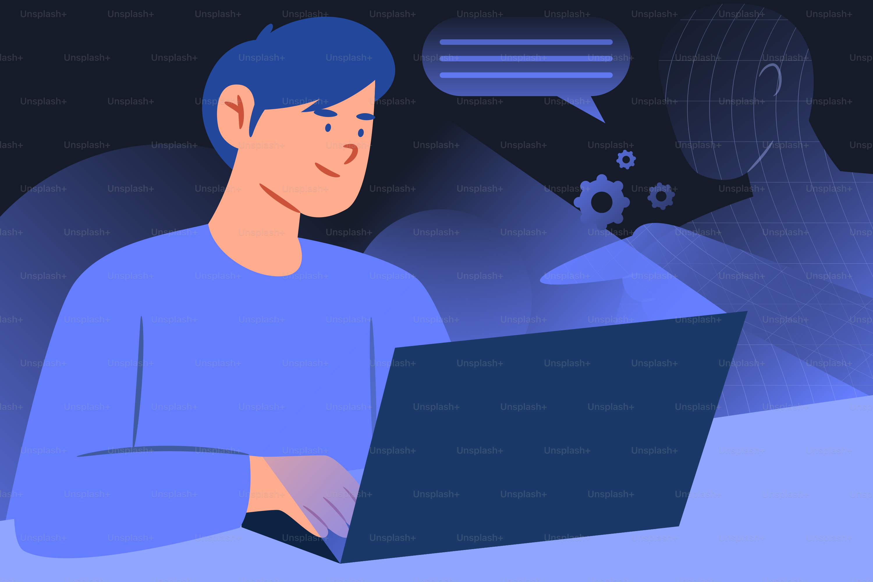 Man working on a laptop with ai interface.