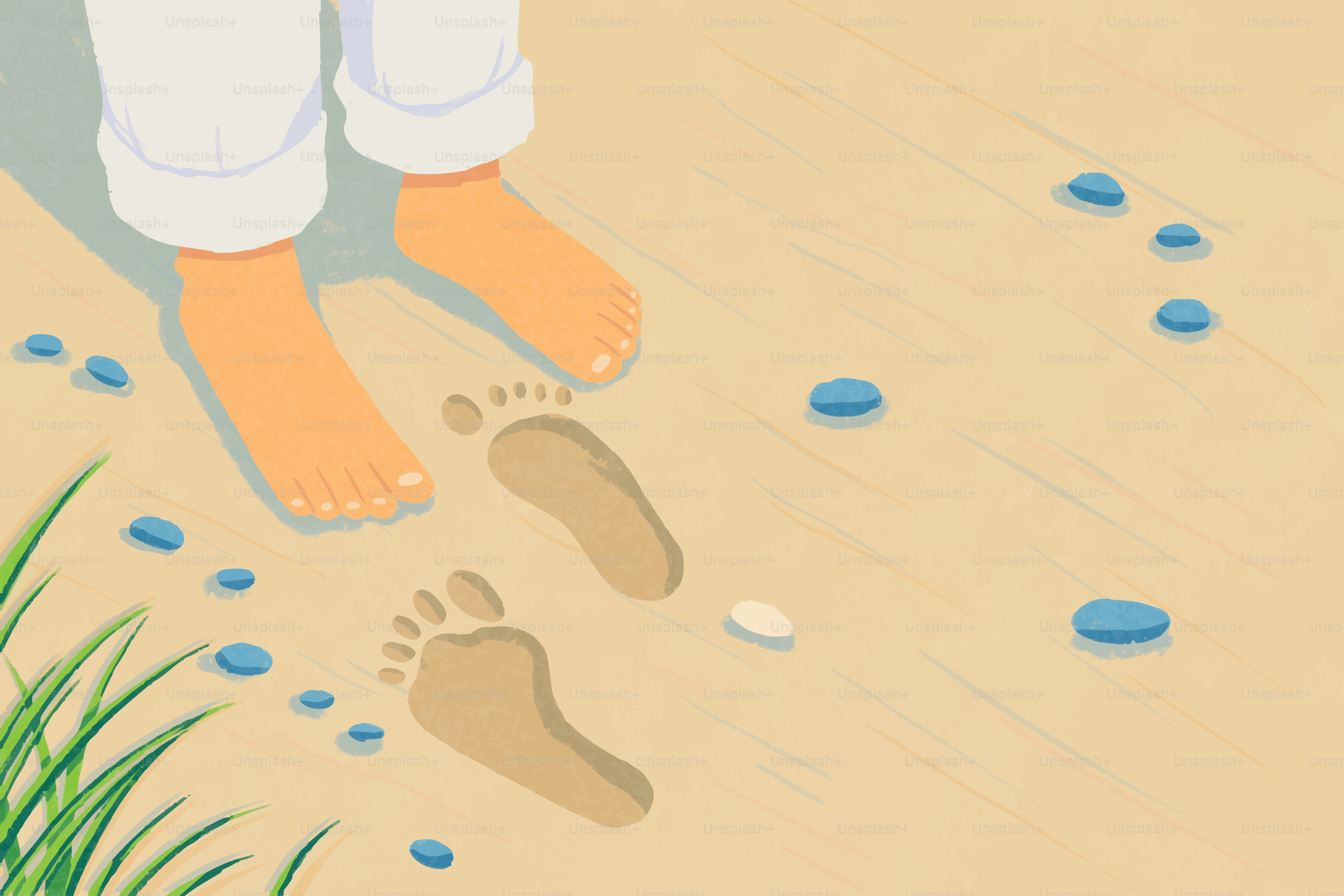 Bare feet walking on a sandy beach with pebbles