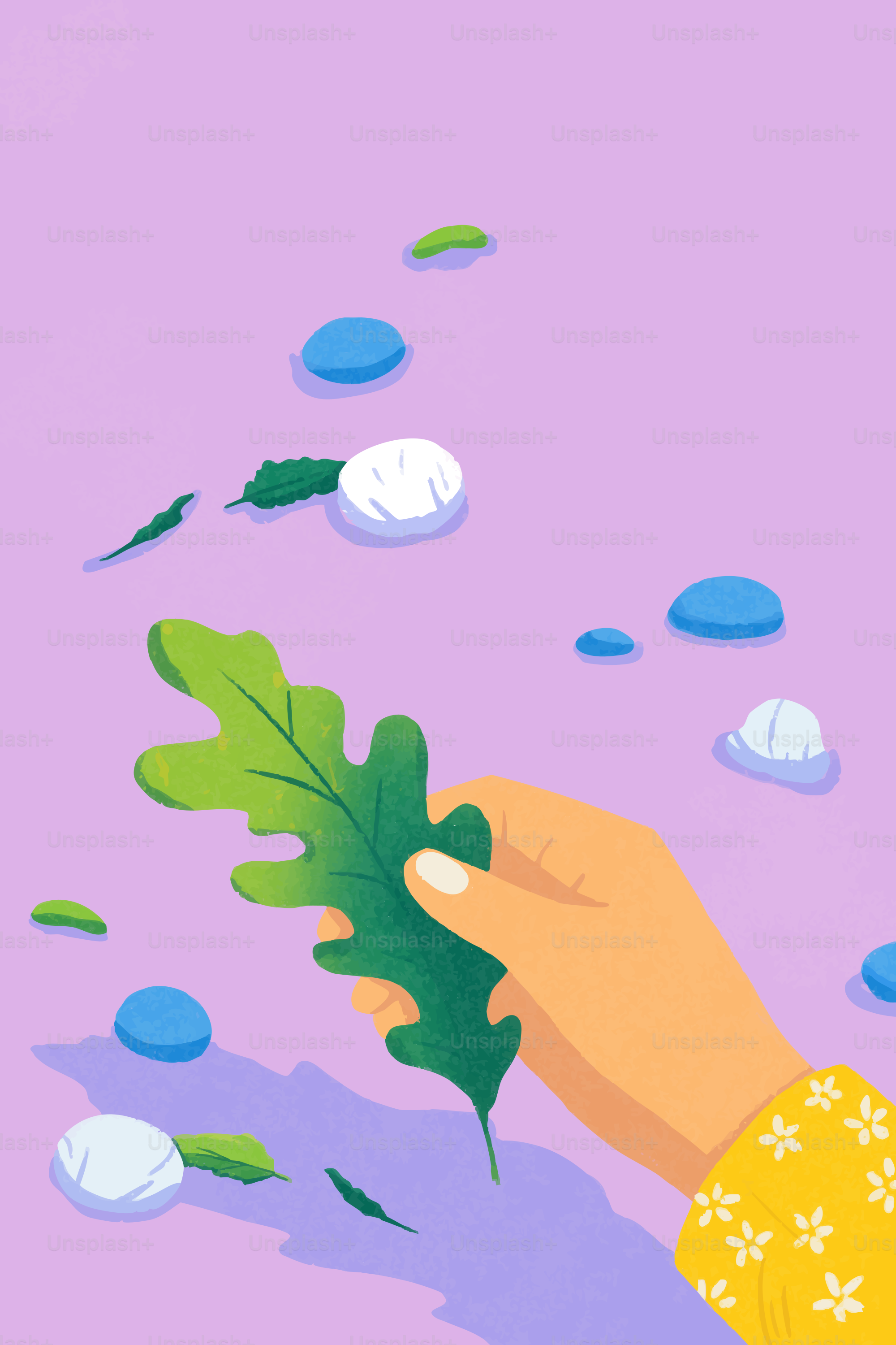Hand holding a green leaf with blue and white objects