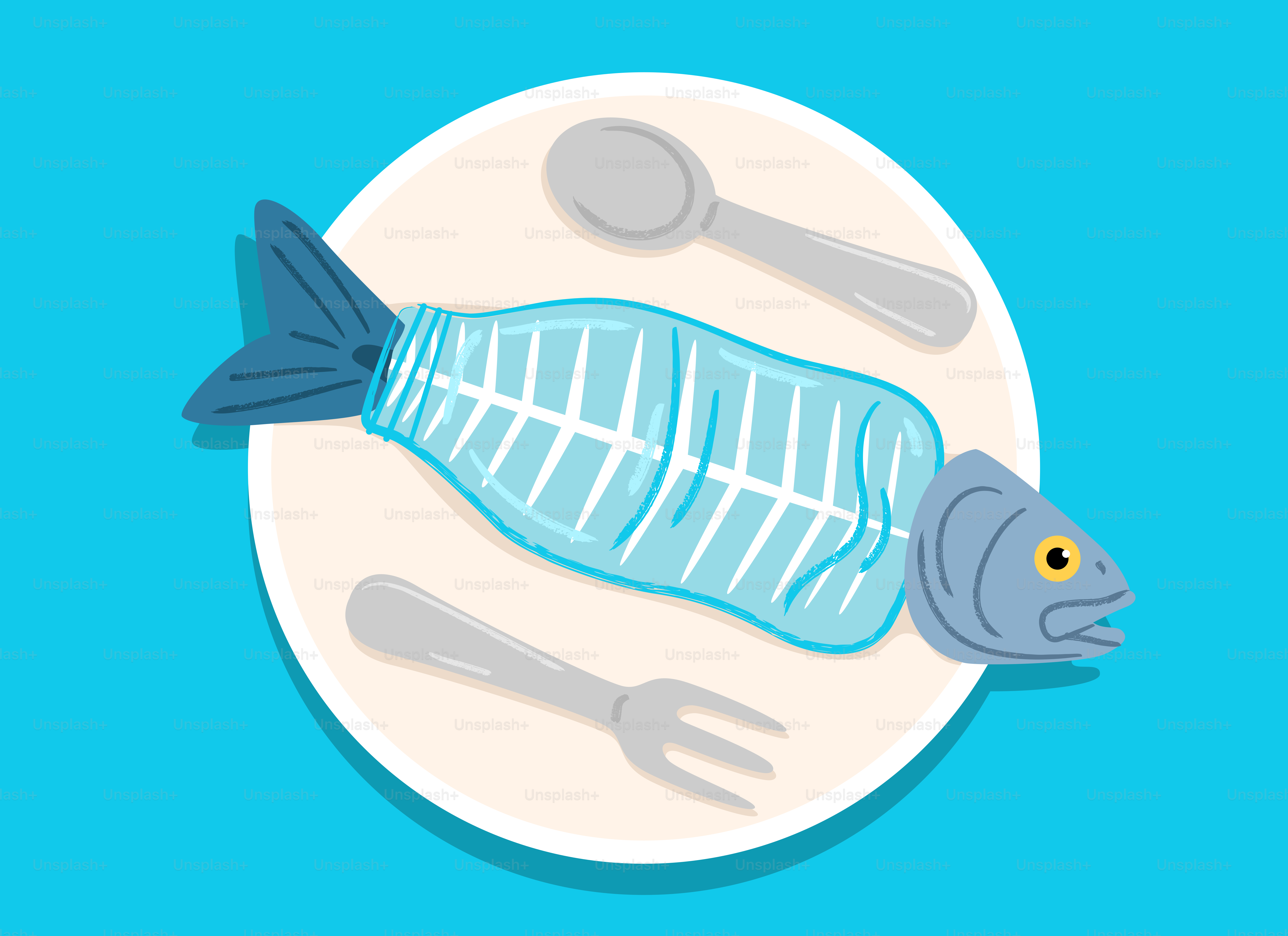 Scheletro di pesce su un piatto con forchetta e cucchiaio