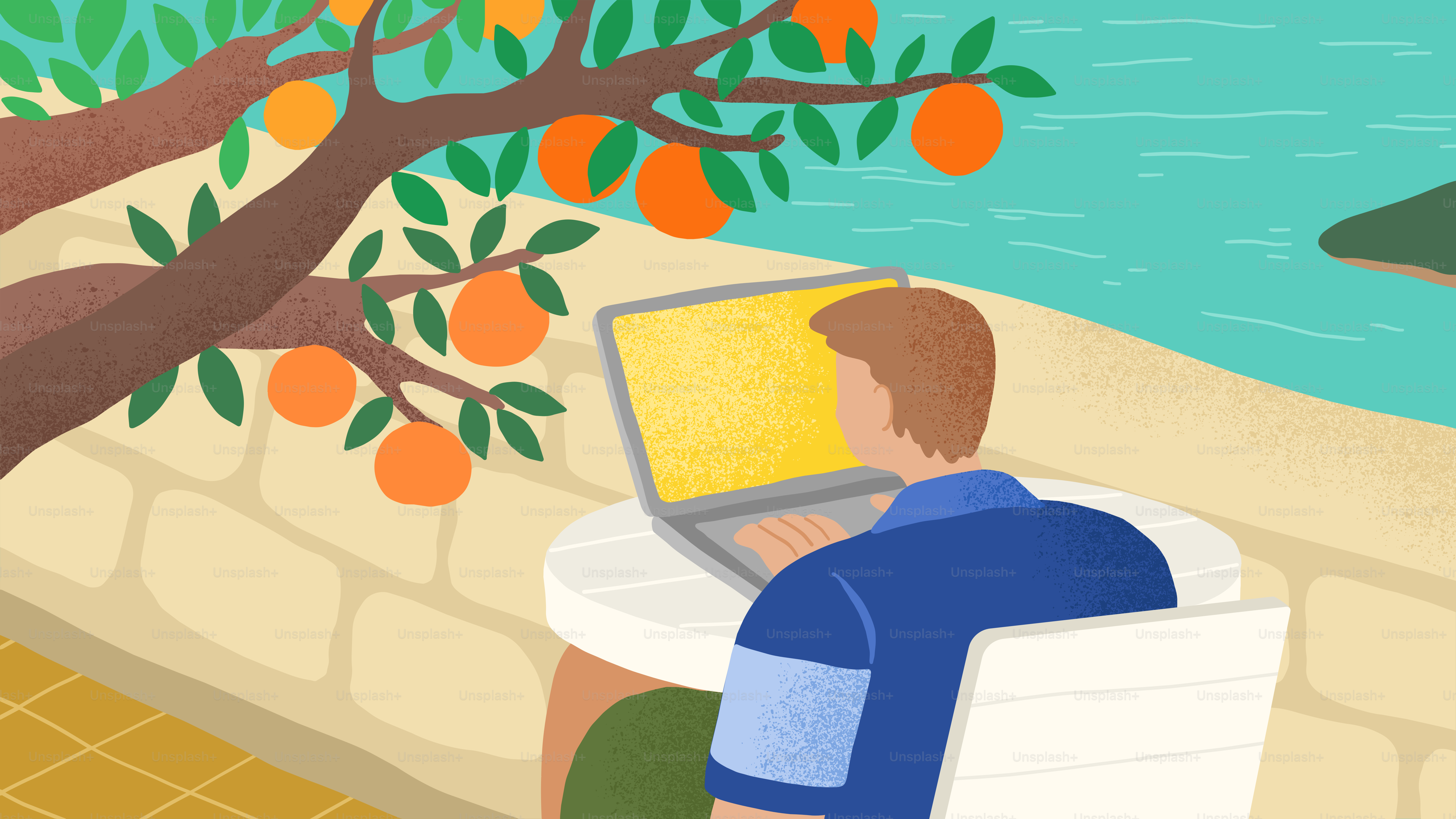 Man working on laptop under orange tree by water