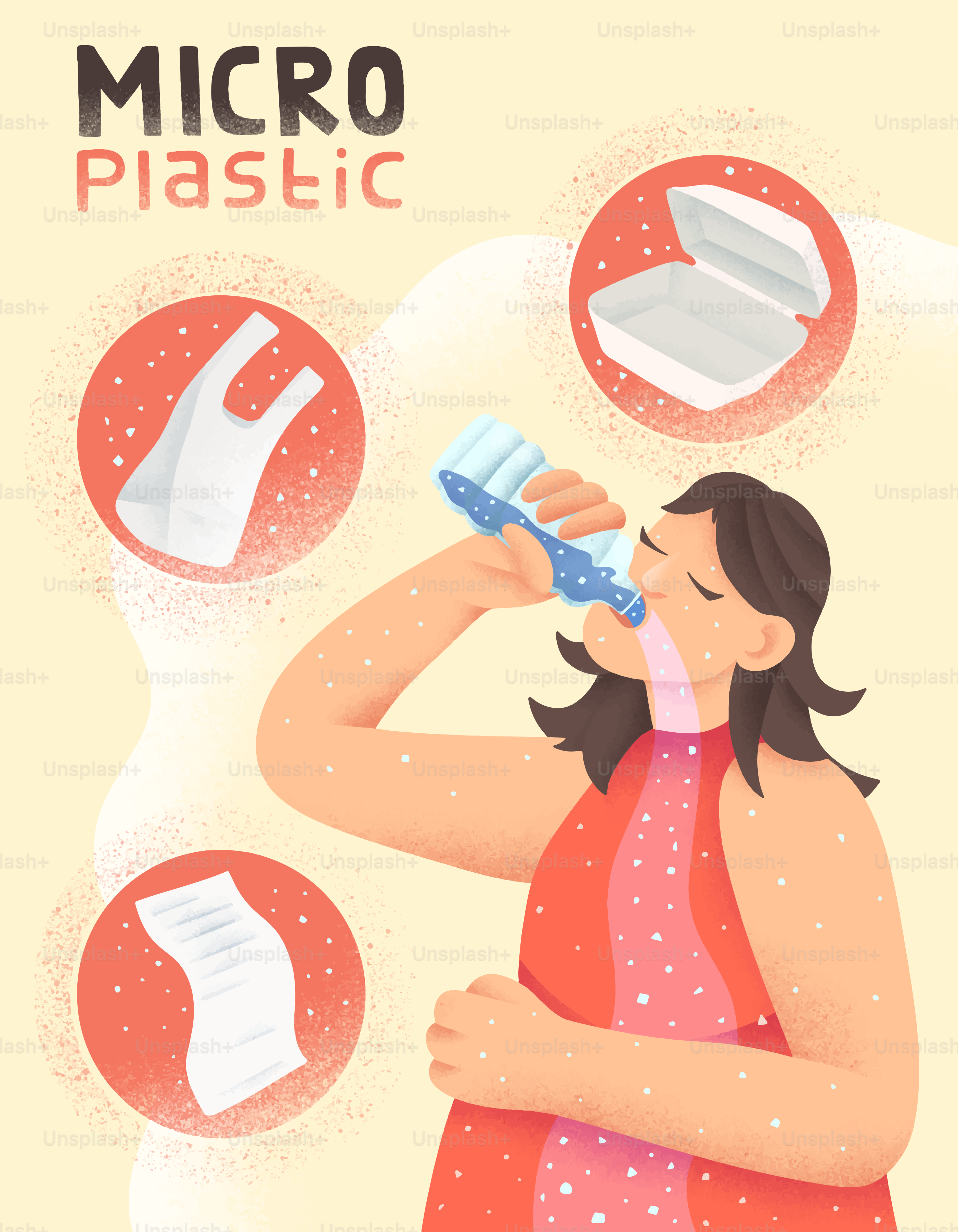 Mulher bebendo água contaminada com microplásticos.