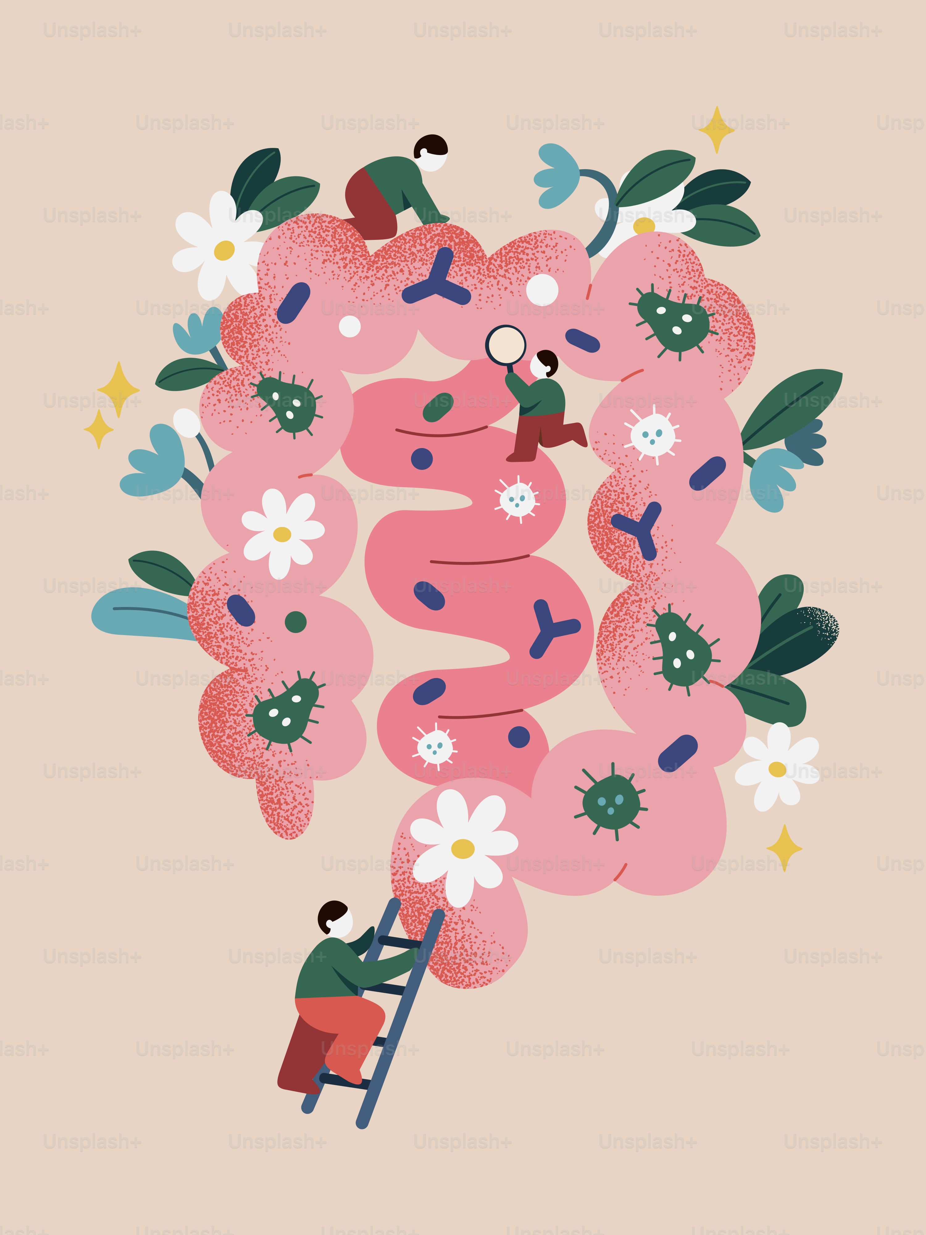 Tiny people explore a large intestine with microbes and flowers.