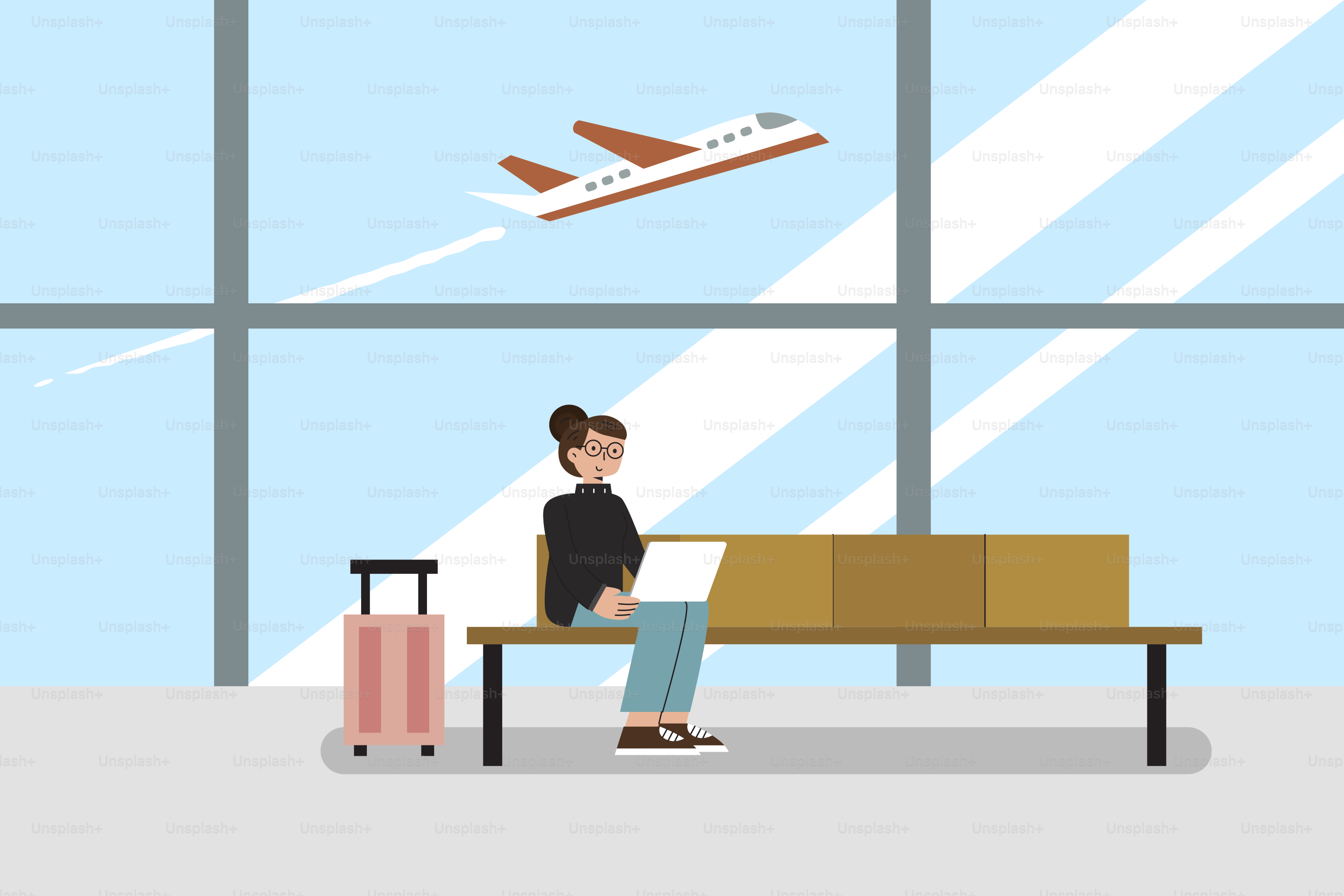 Mulher esperando no aeroporto com avião voando acima