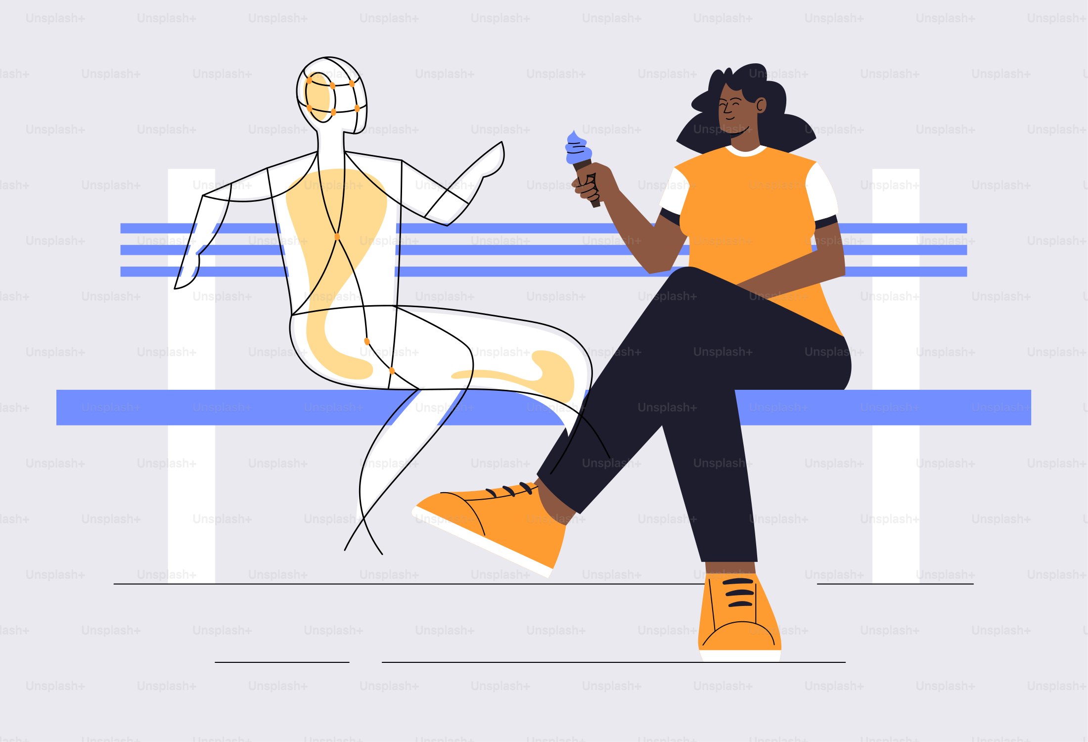 Woman eating ice cream on bench with wireframe figure