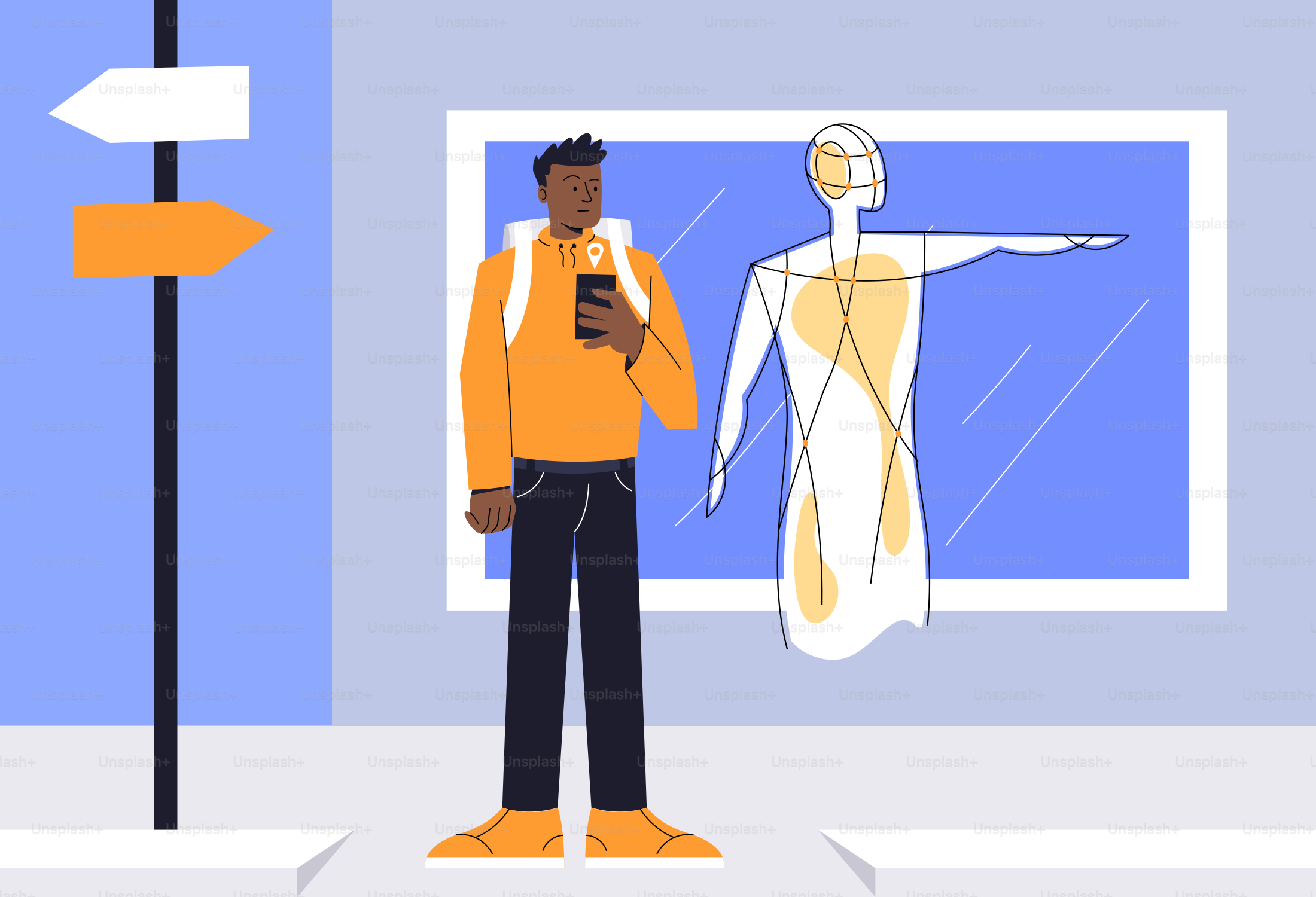 Man with backpack holding phone near anatomical display.