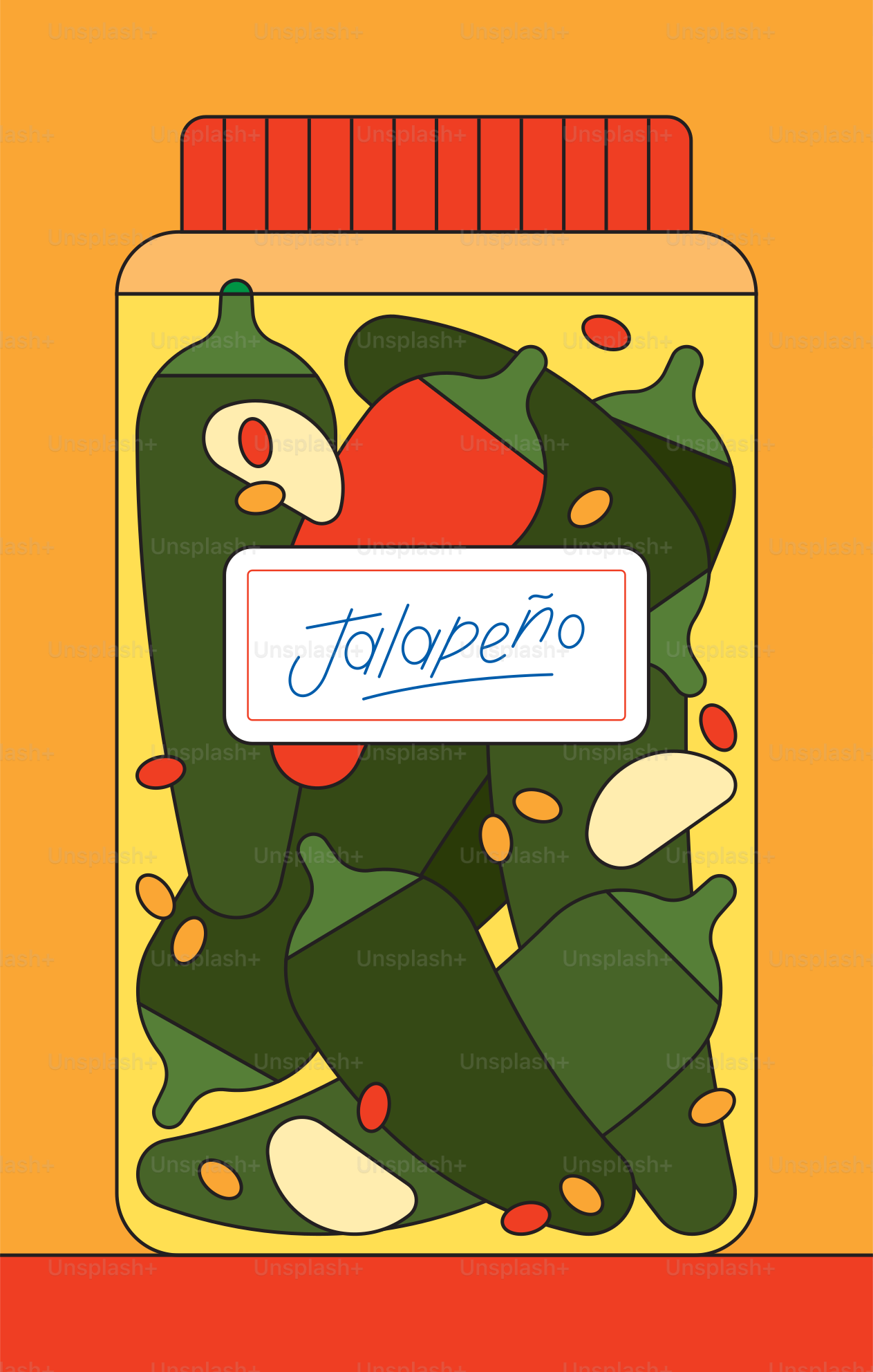 라벨이 붙은 유리병에 절인 할라피뇨.