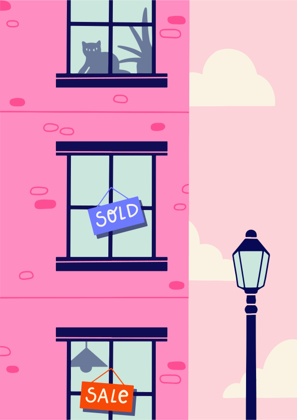 Bâtiment rose avec des panneaux de vente et de vente dans les fenêtres