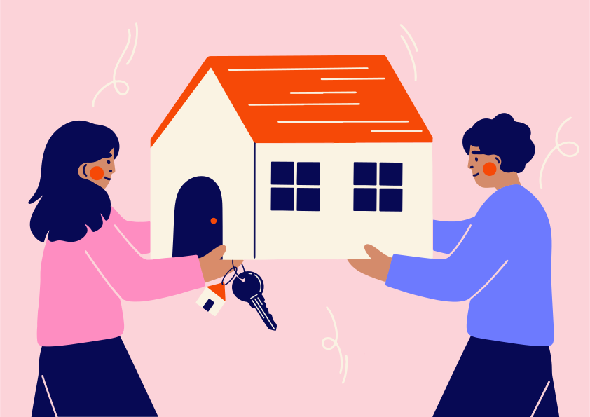 Zwei Personen tauschen ein Haus und Schlüssel aus