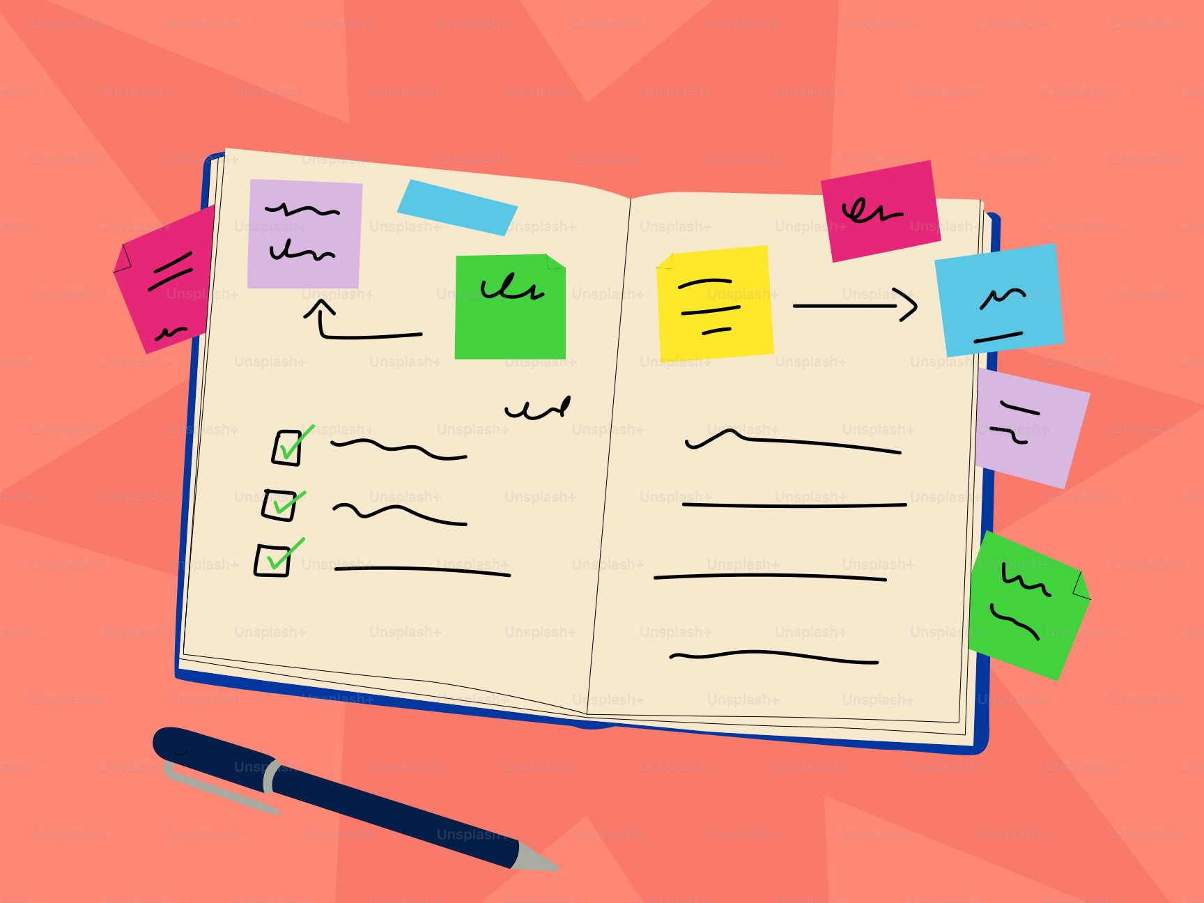 Carnet ouvert avec des post-its et un stylo