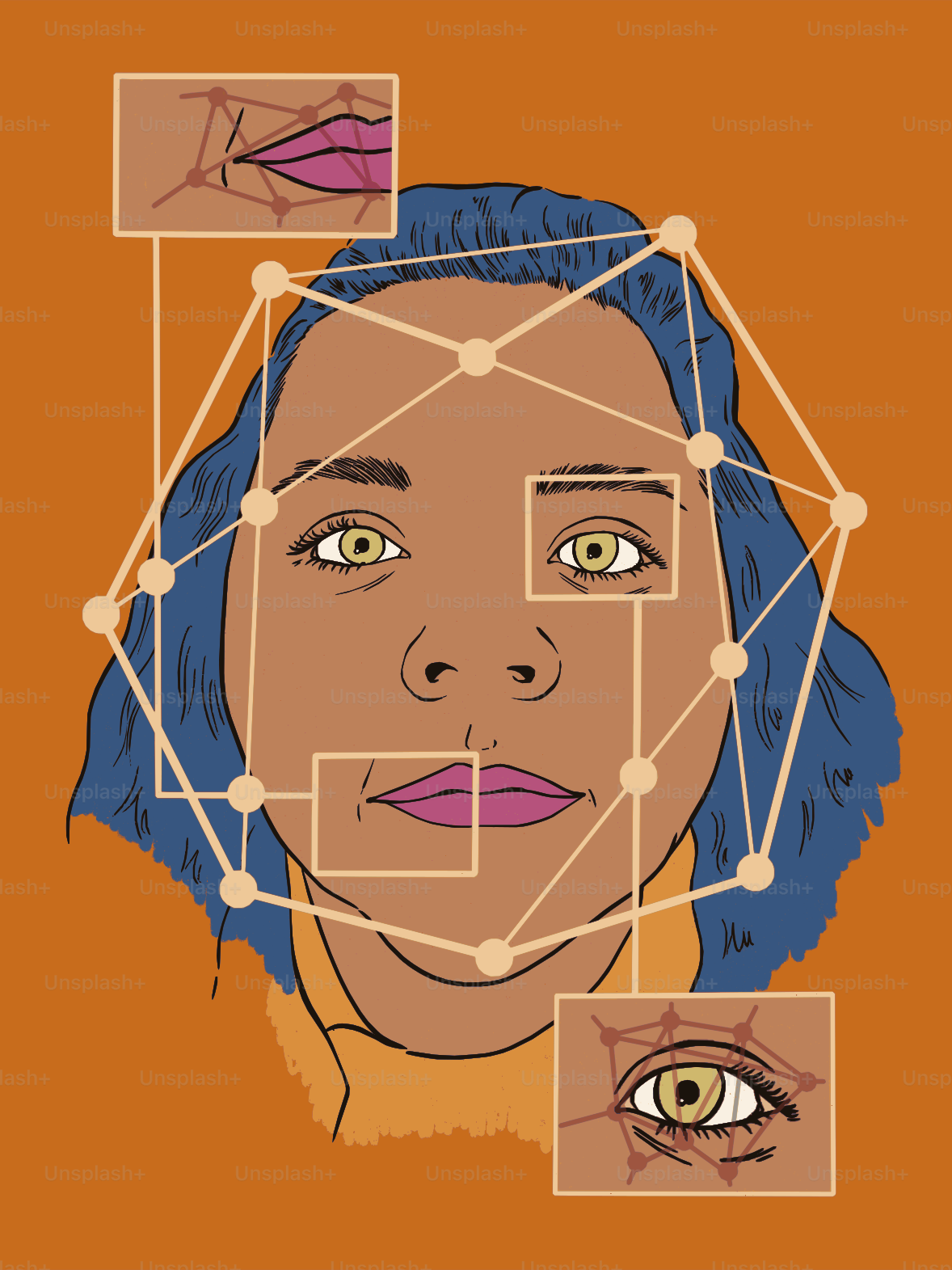 Tecnología de reconocimiento facial que analiza el rostro de una mujer.