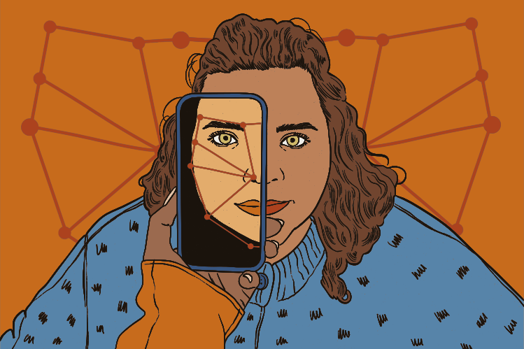 Mujer con el teléfono mostrando análisis de tecnología de reconocimiento facial