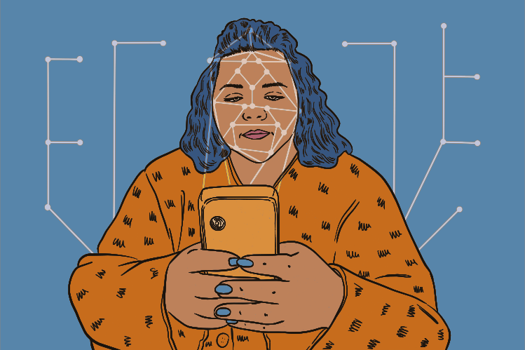 Mujer usando un smartphone con superposición de rejilla de reconocimiento facial.