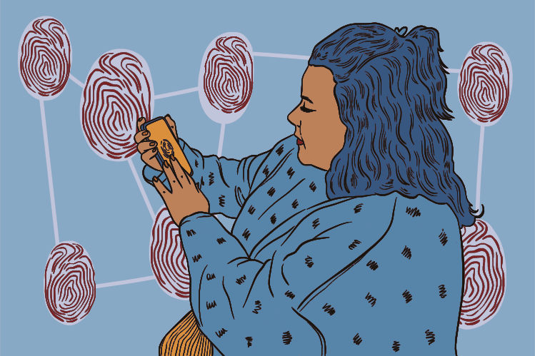 Mujer interactuando con la red de huellas dactilares en la interfaz digital