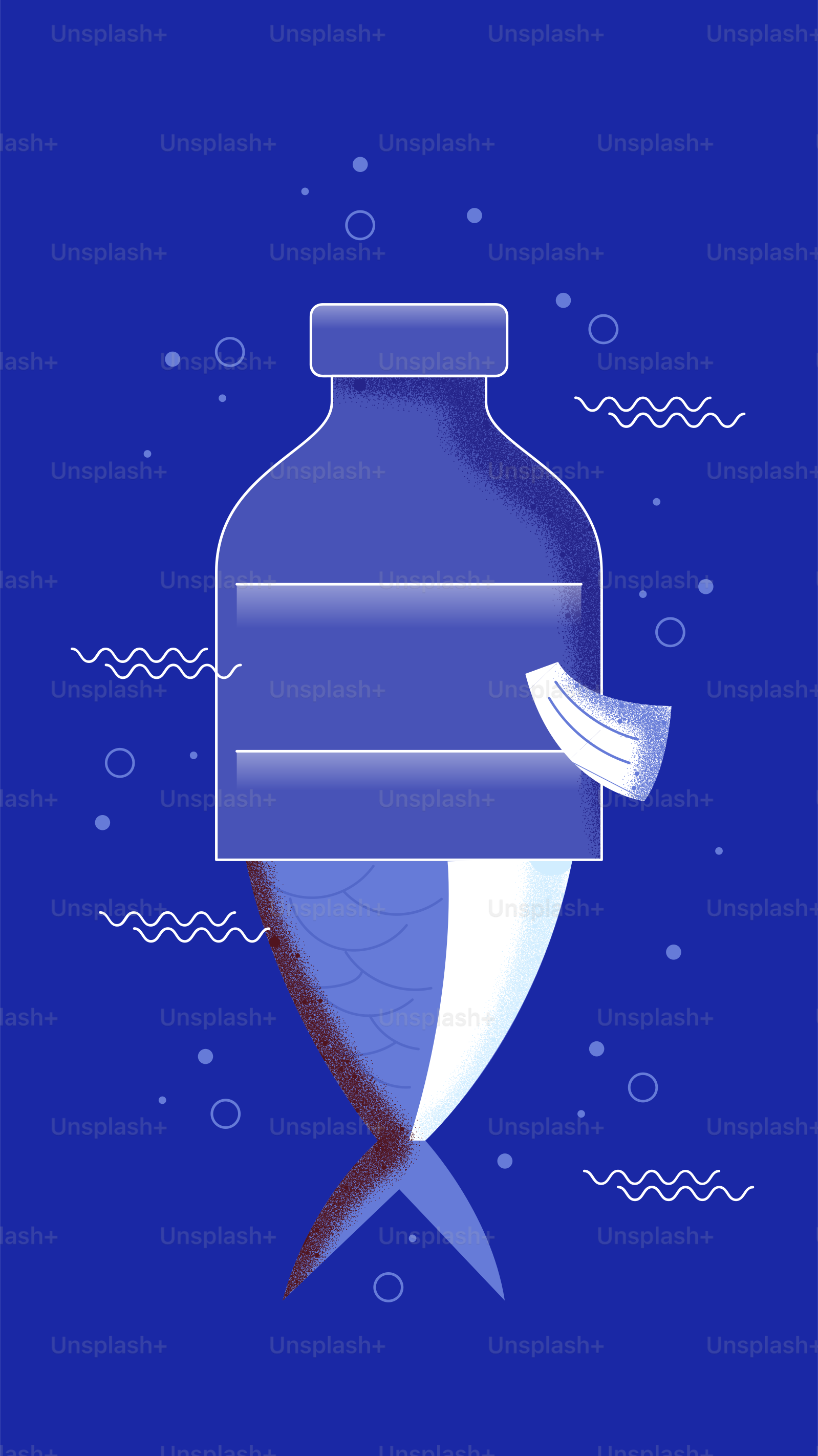 O corpo de um peixe se funde com uma ilustração de garrafa azul.