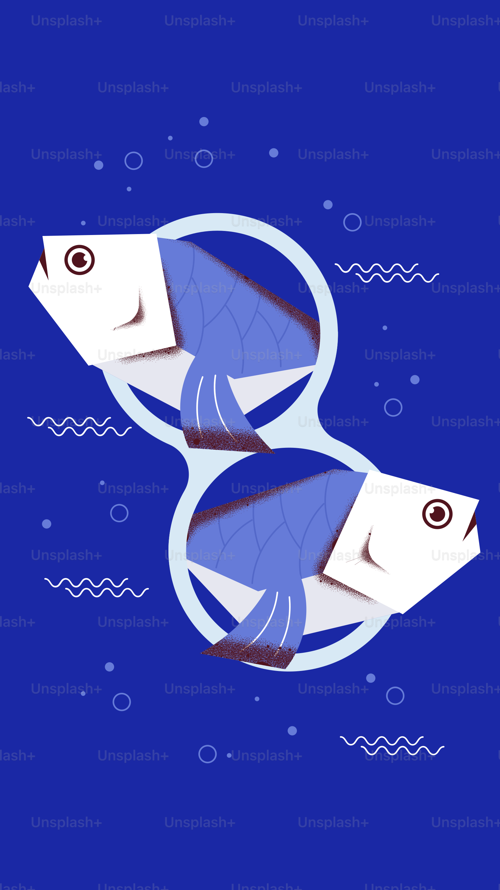 Dois peixes azuis estilizados nadando em forma de oito.