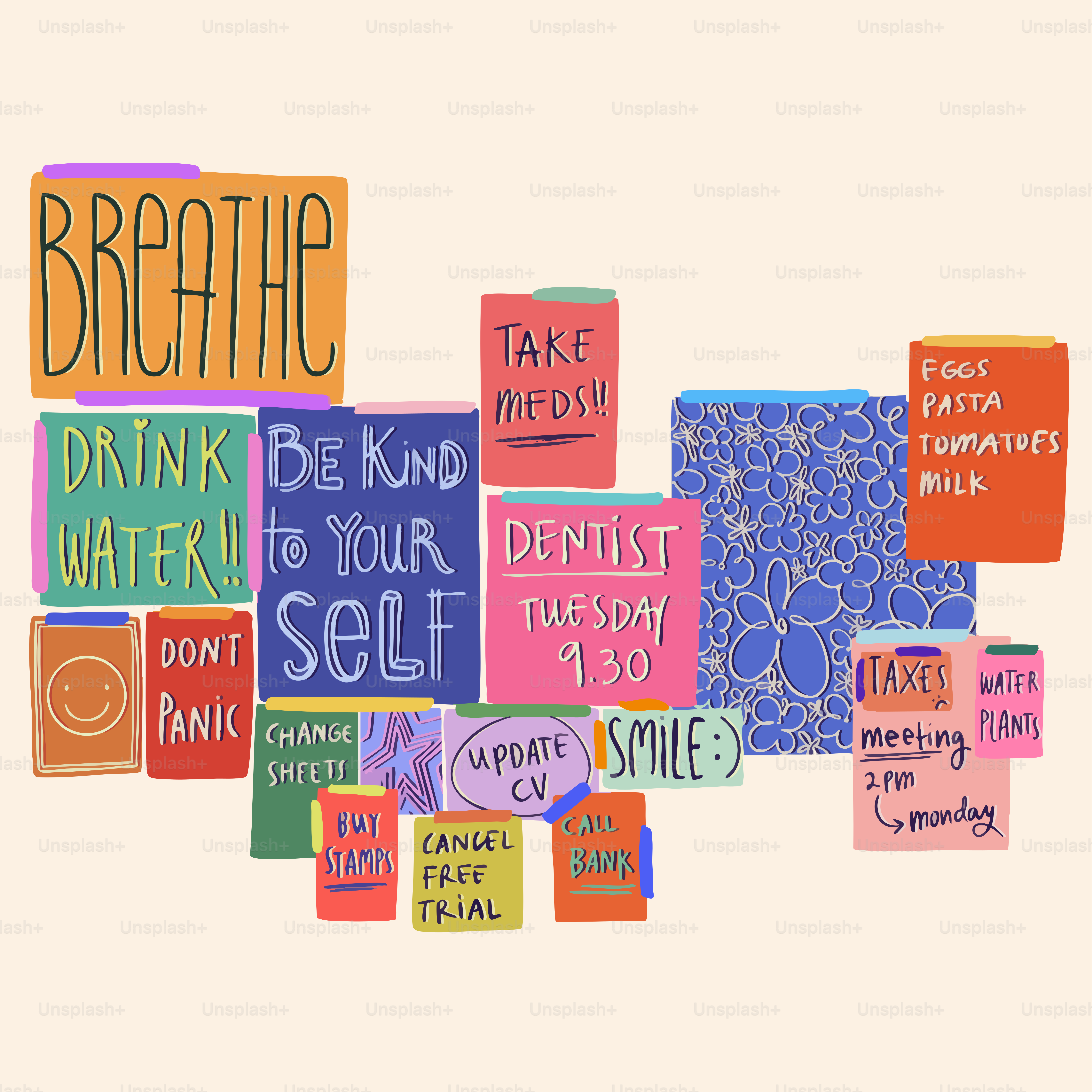 Post-it colorati con vari messaggi scritti a mano e promemoria.