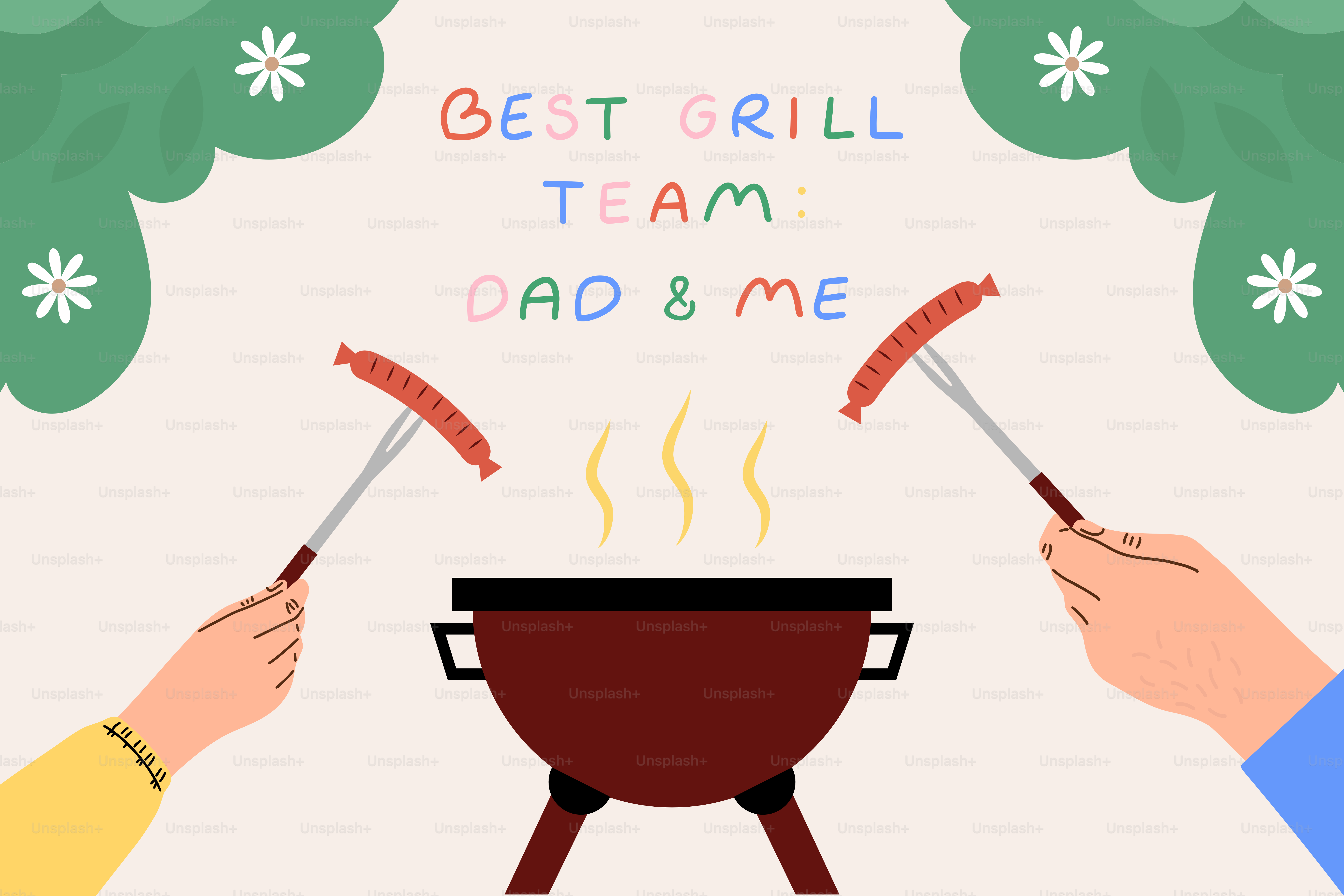 パパと私がソーセージをグリルしながら、最高のグリルチームのメッセージを送りながら。