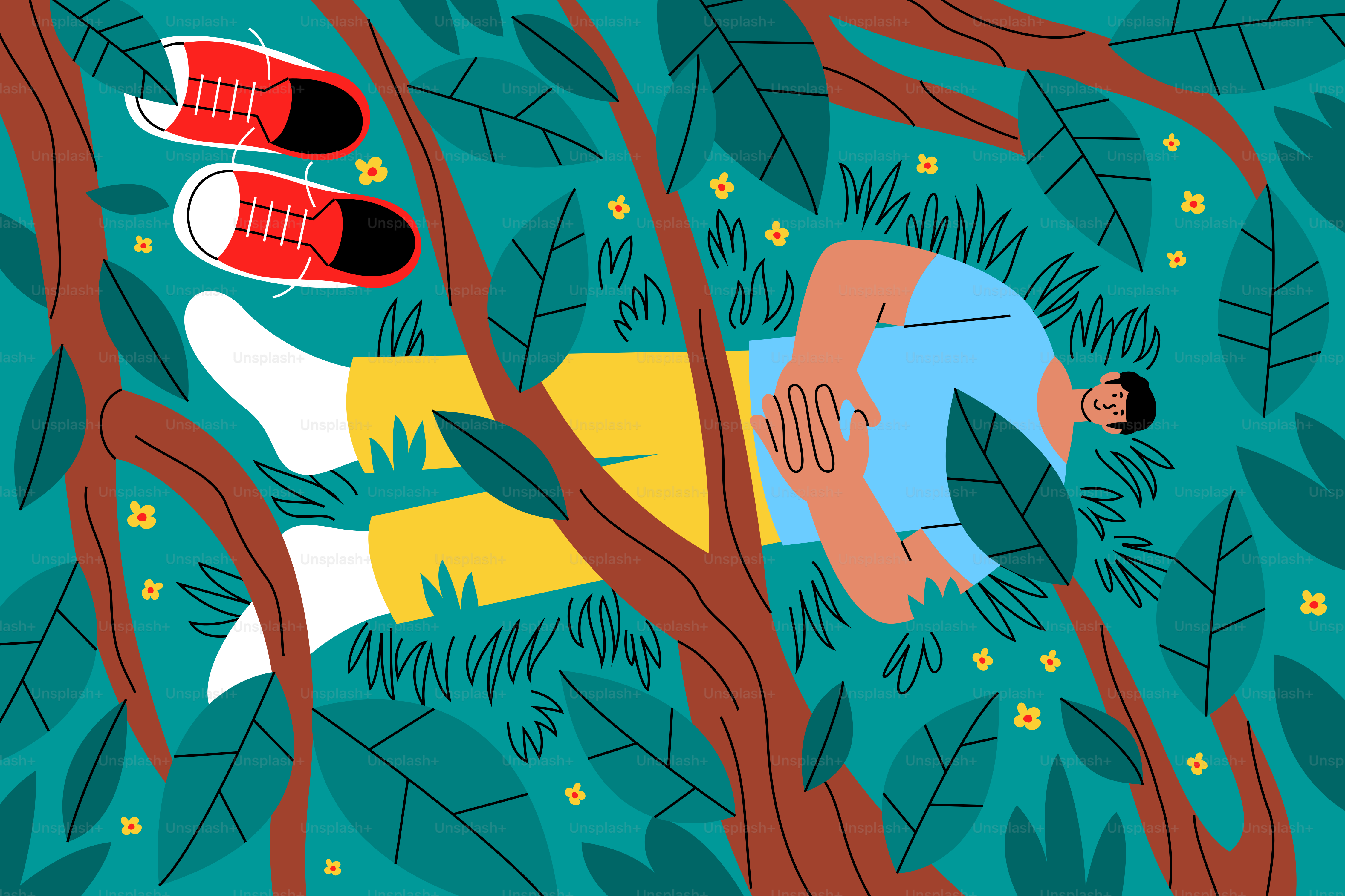 Homme allongé dans l’herbe, chaussures à proximité