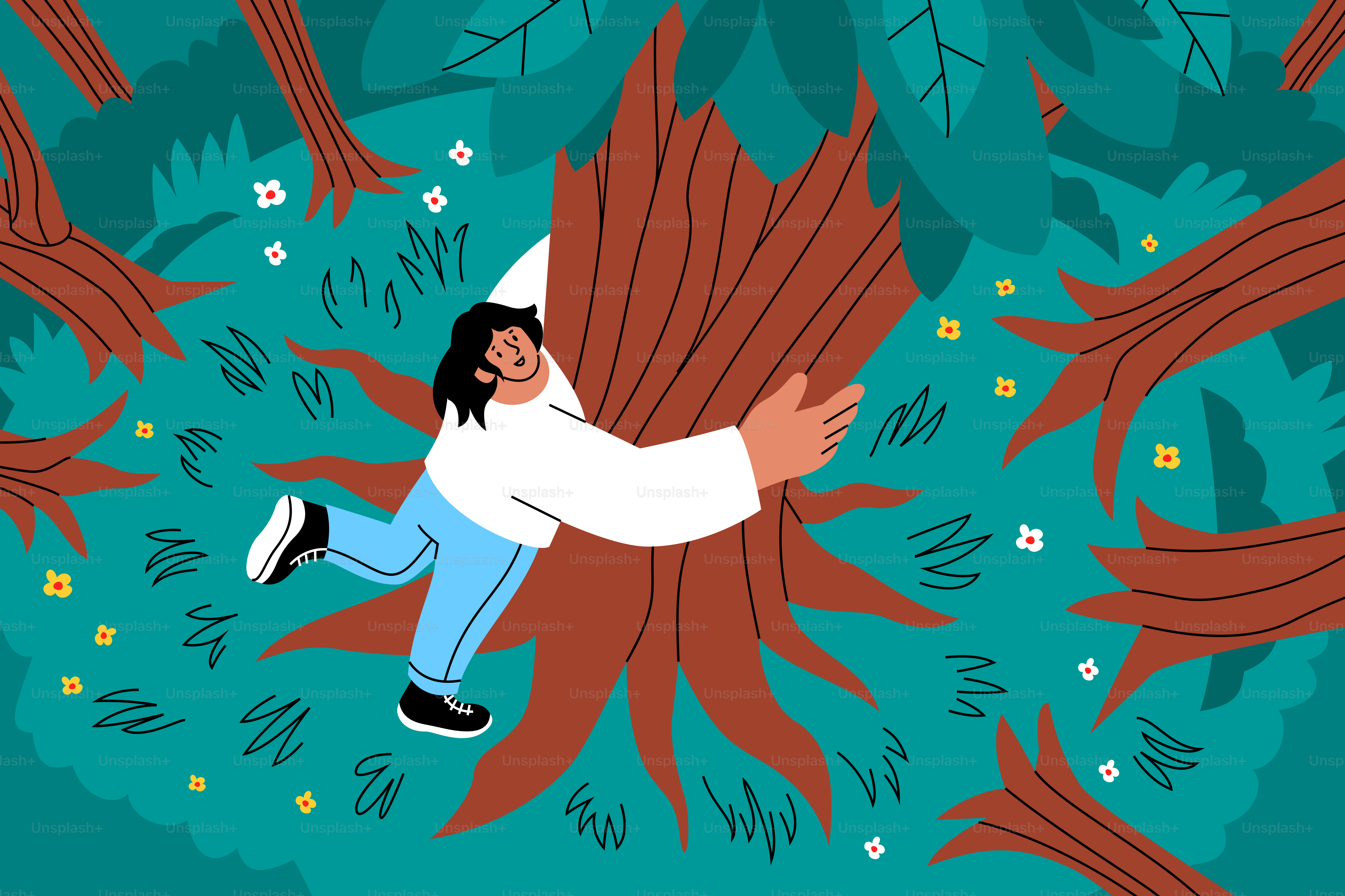 Person hugging a large tree in a forest.