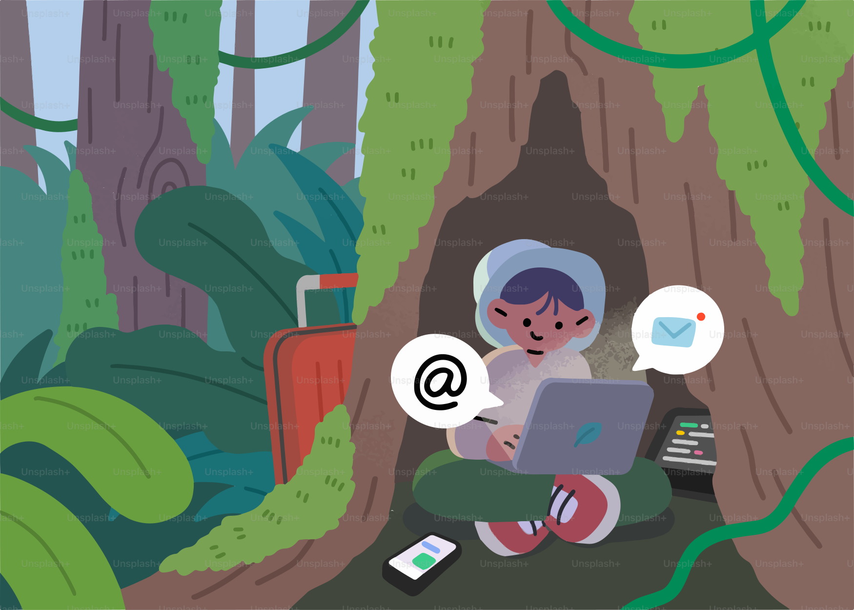 Personne travaillant sur un ordinateur portable dans une grotte de la jungle.