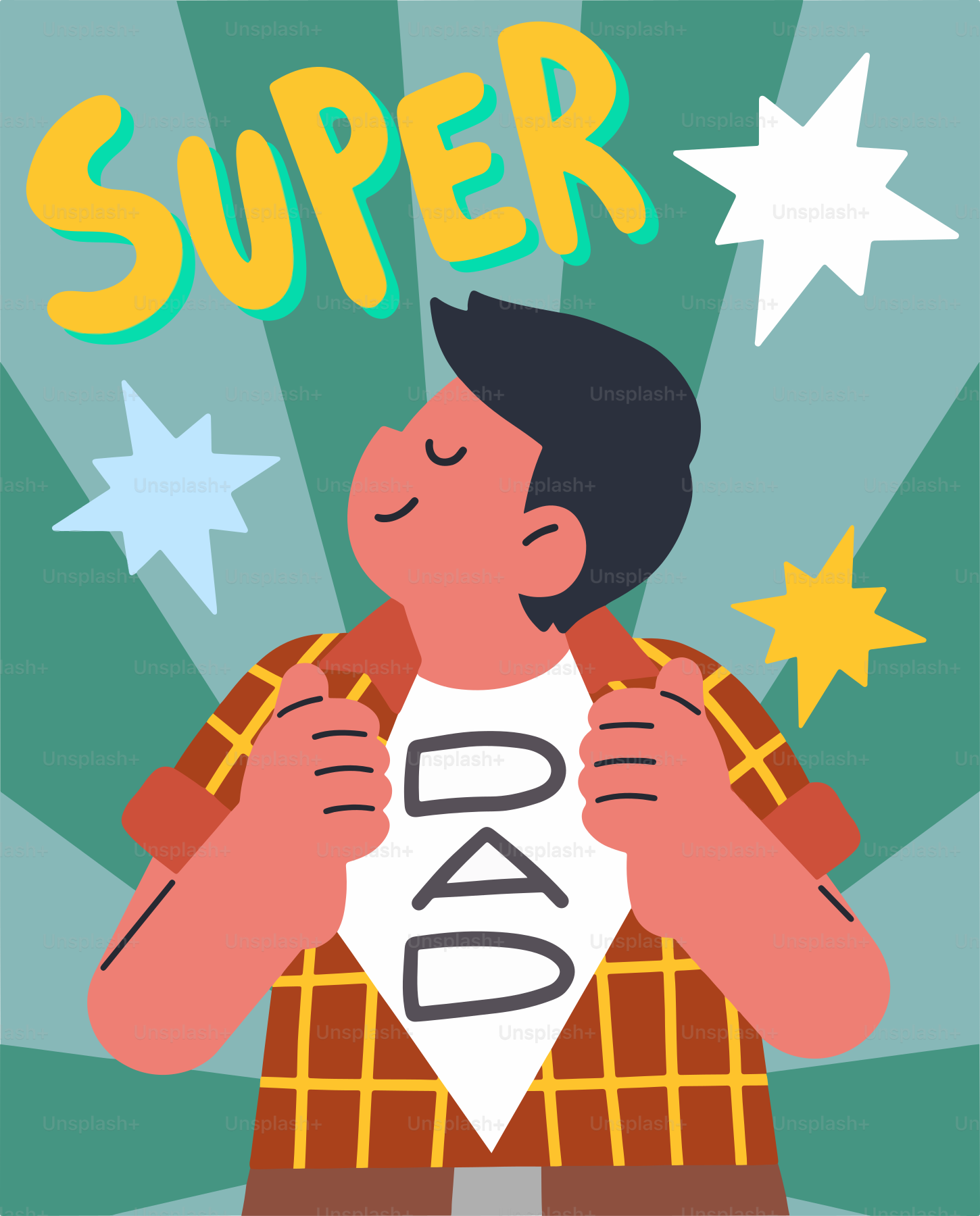 Homme révélant un t-shirt « papa » avec un texte « super ».