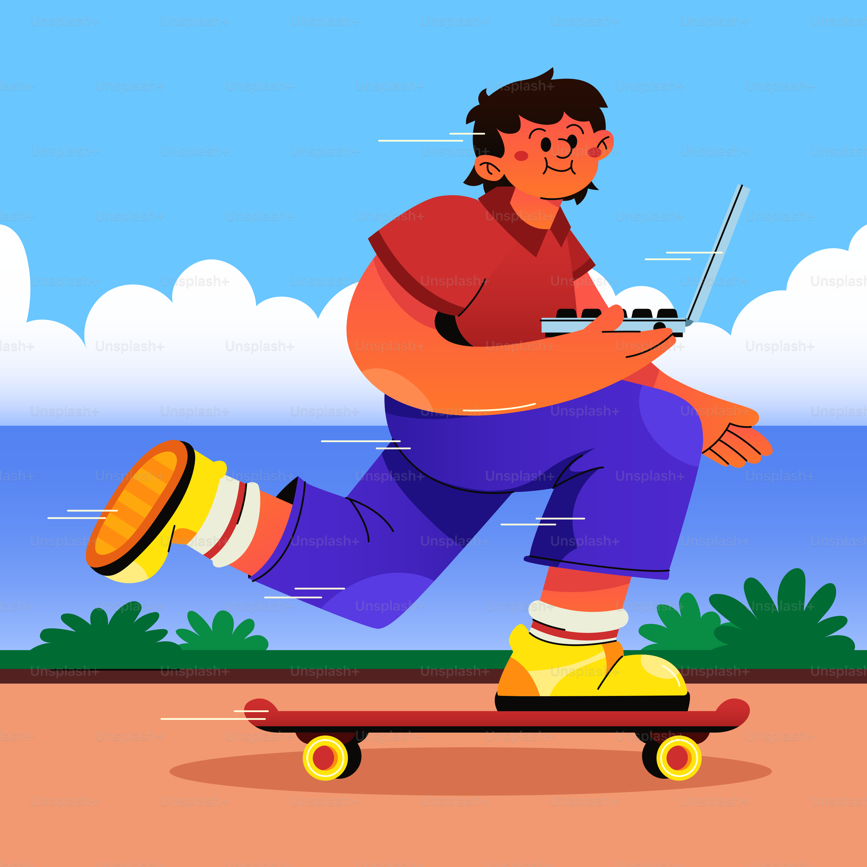 Orang bermain skateboard saat menggunakan laptop di luar ruangan