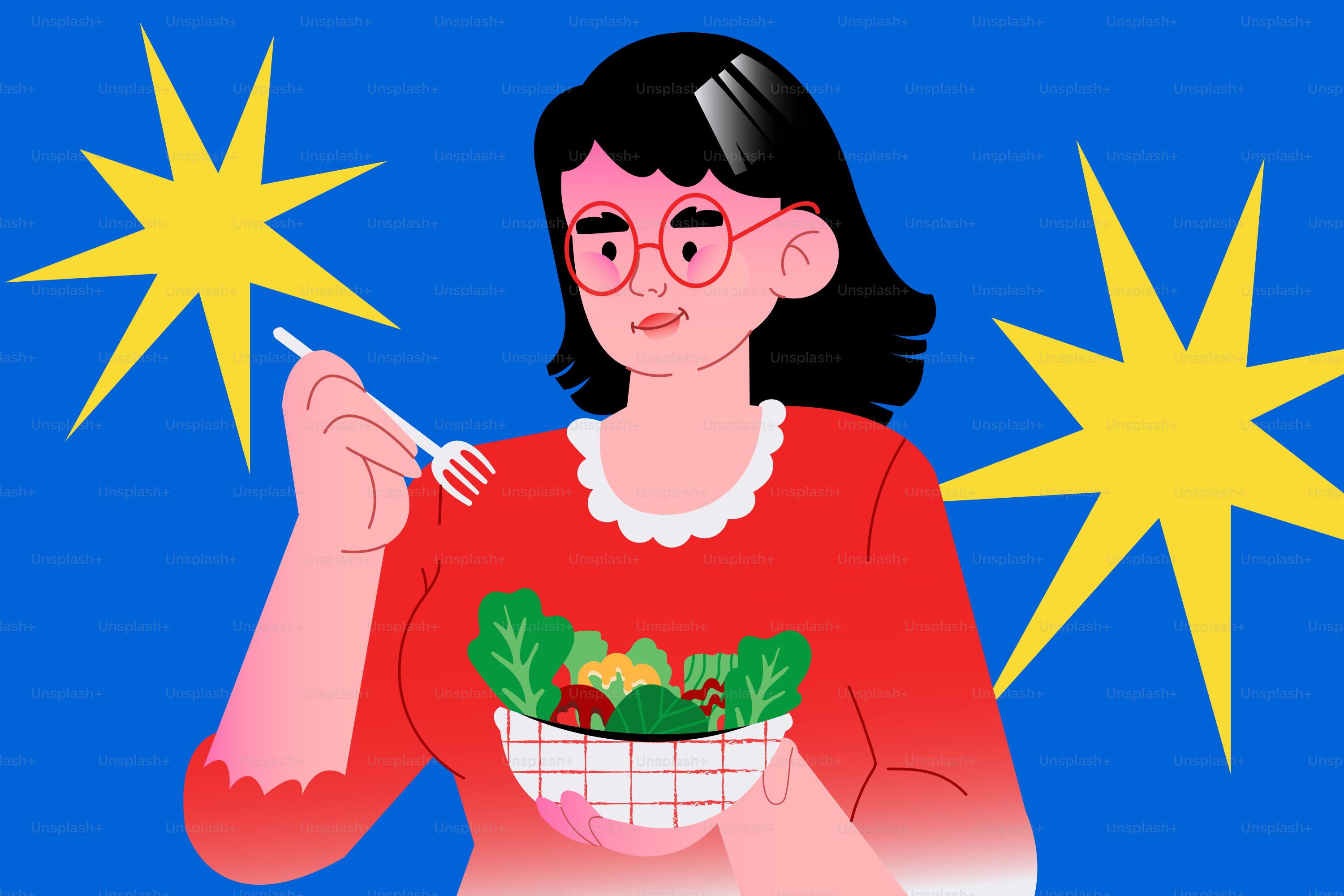 Wanita makan salad sehat dengan bintang