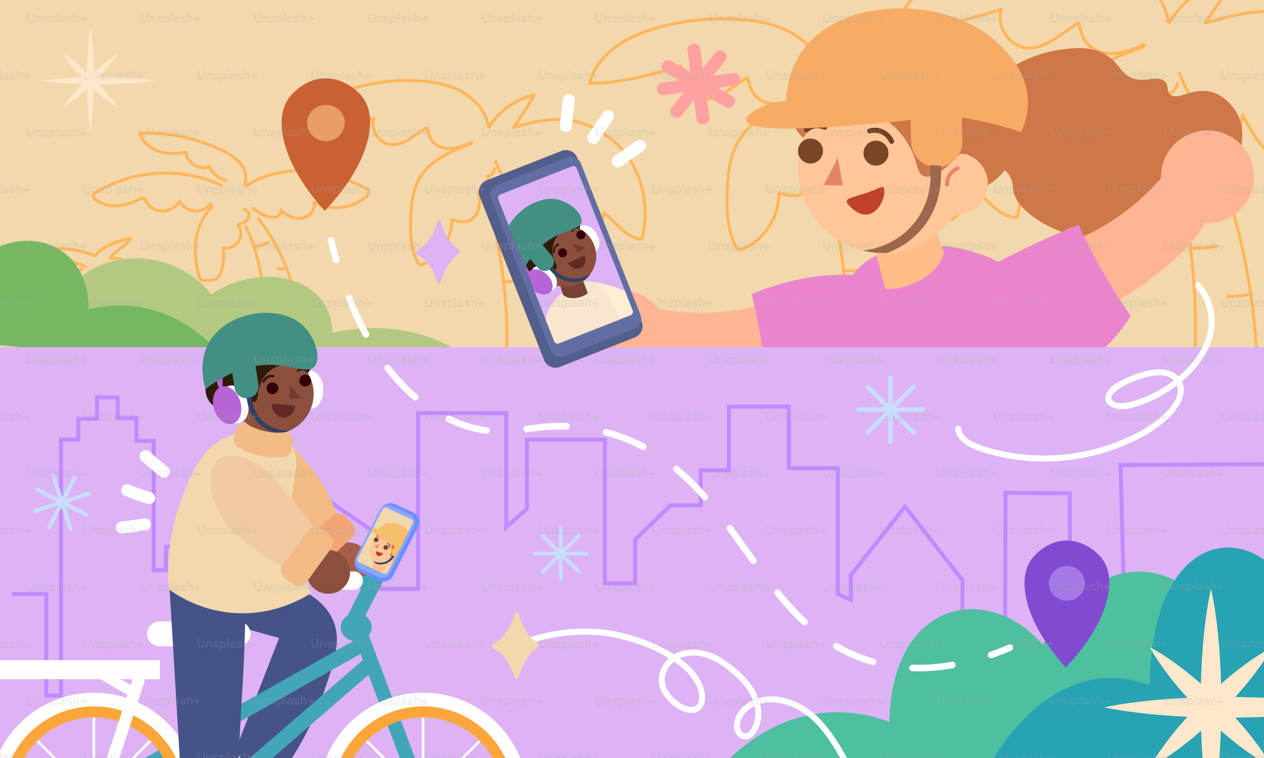 Two people on bikes with helmets and phones