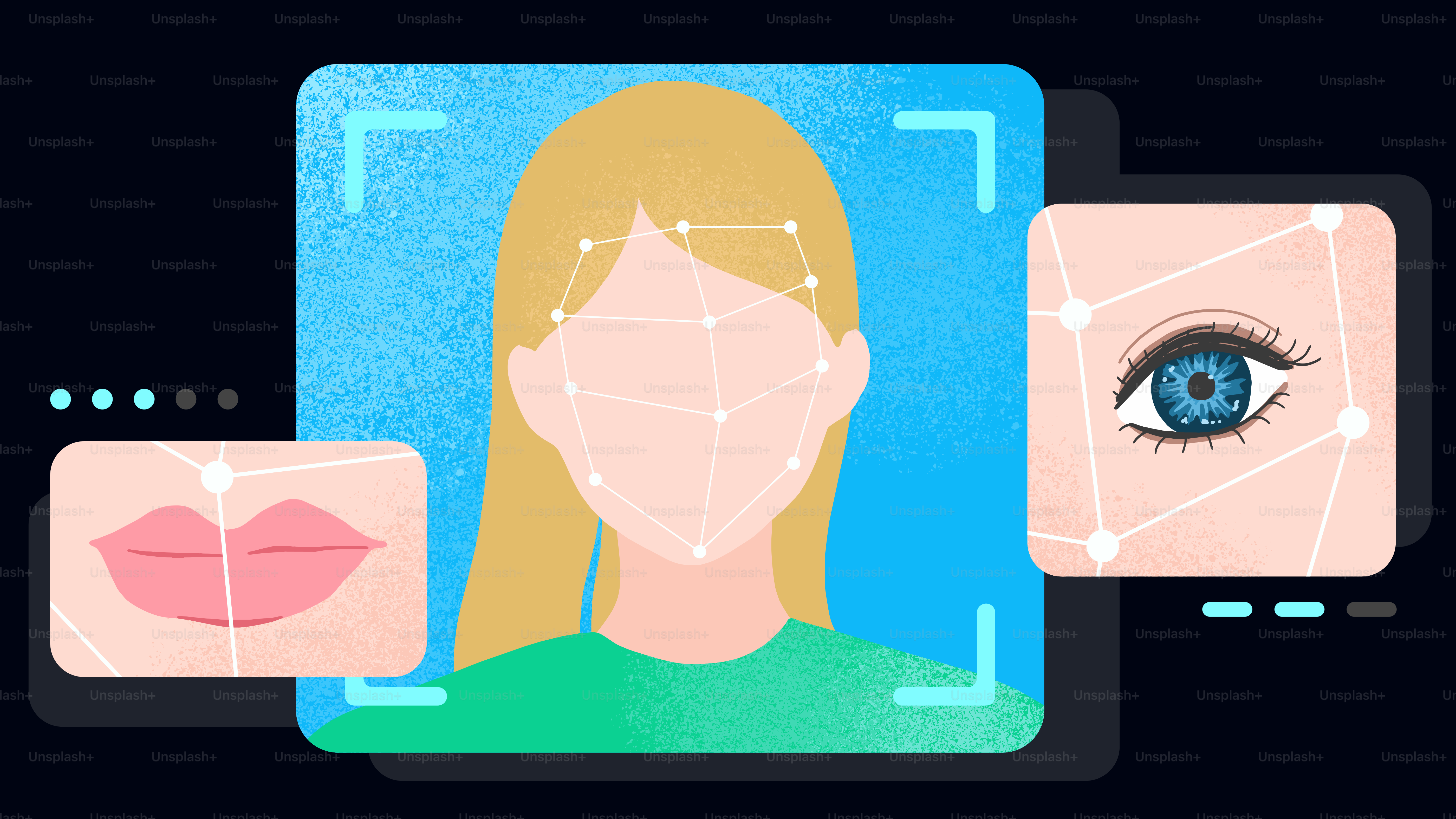 Facial recognition technology analyzing a woman's features