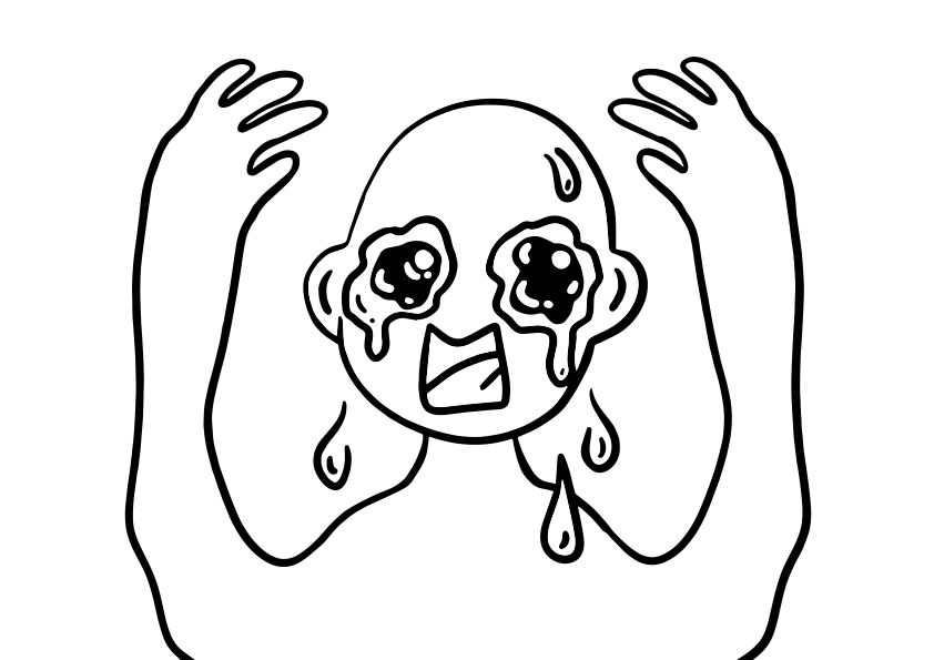 A stylized drawing of a crying, sweating person.
