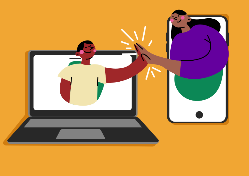 Duas pessoas dando high-five com um laptop e um telefone.