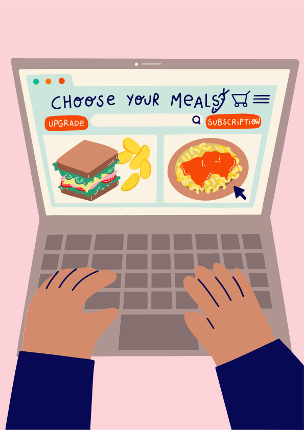 Hands typing on laptop showing meal subscription service.