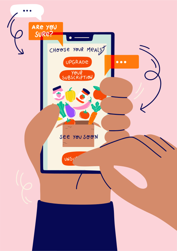 Hands holding a smartphone with a meal subscription app.