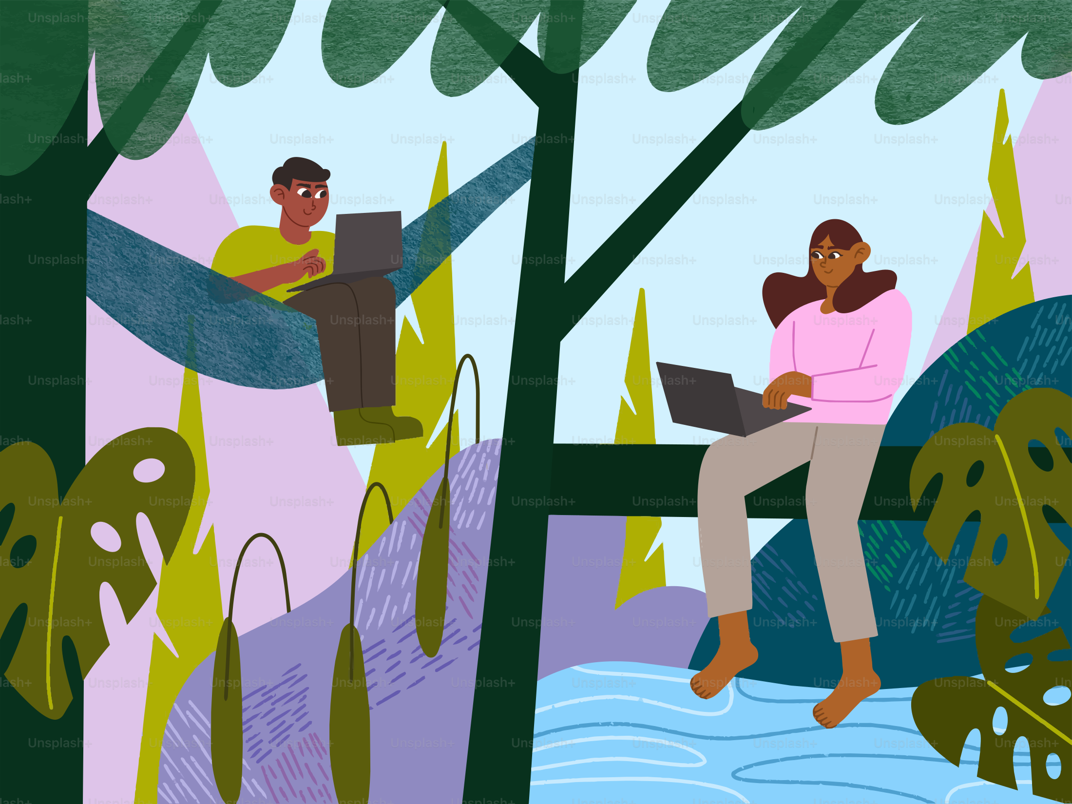 Dua orang bekerja di laptop di lingkungan hutan yang rimbun