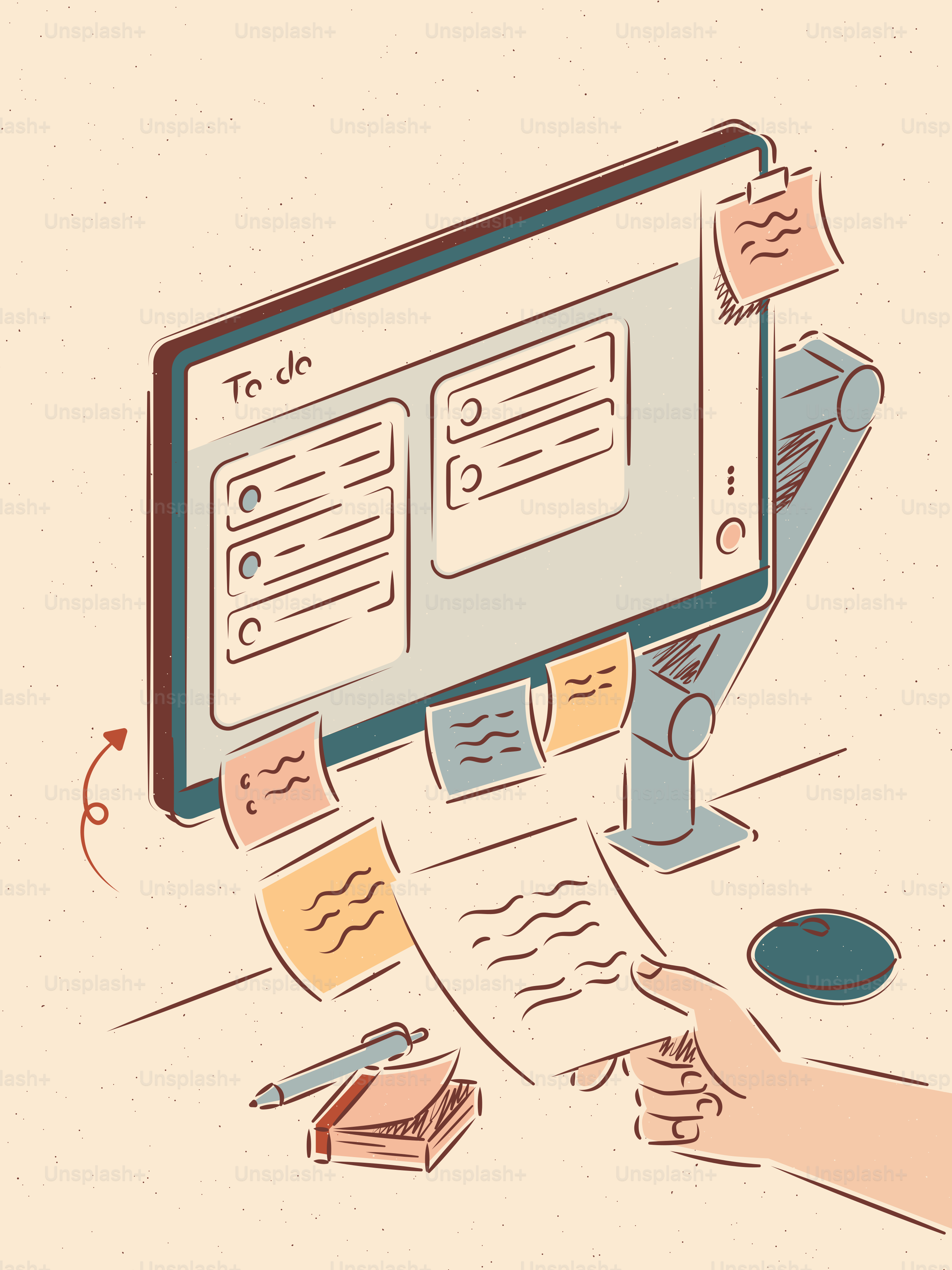컴퓨터 옆에 종이를 손으로 들고 할 일 목록이 있는 것.