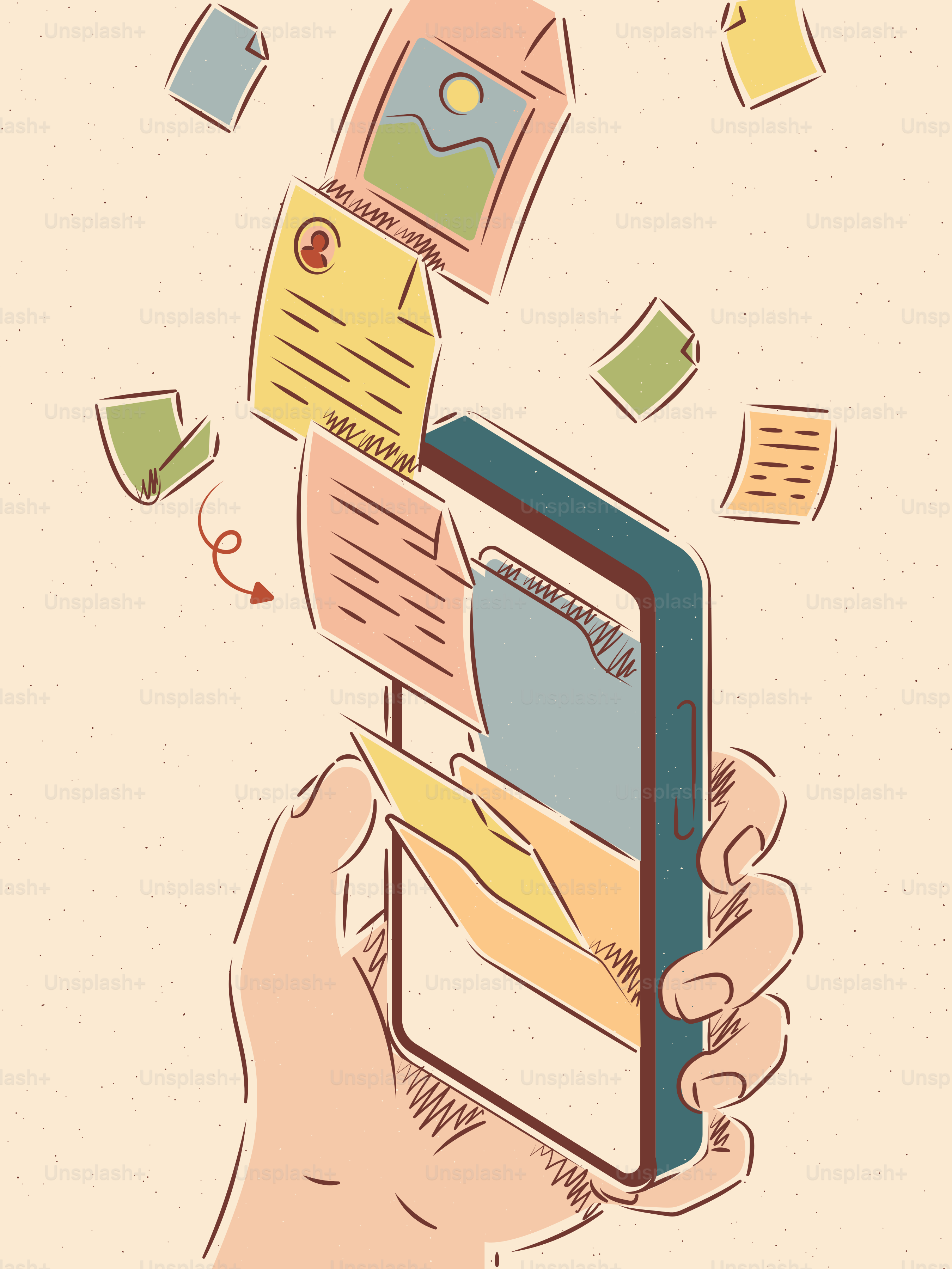 문서와 이미지가 날아가는 스마트폰 화면에