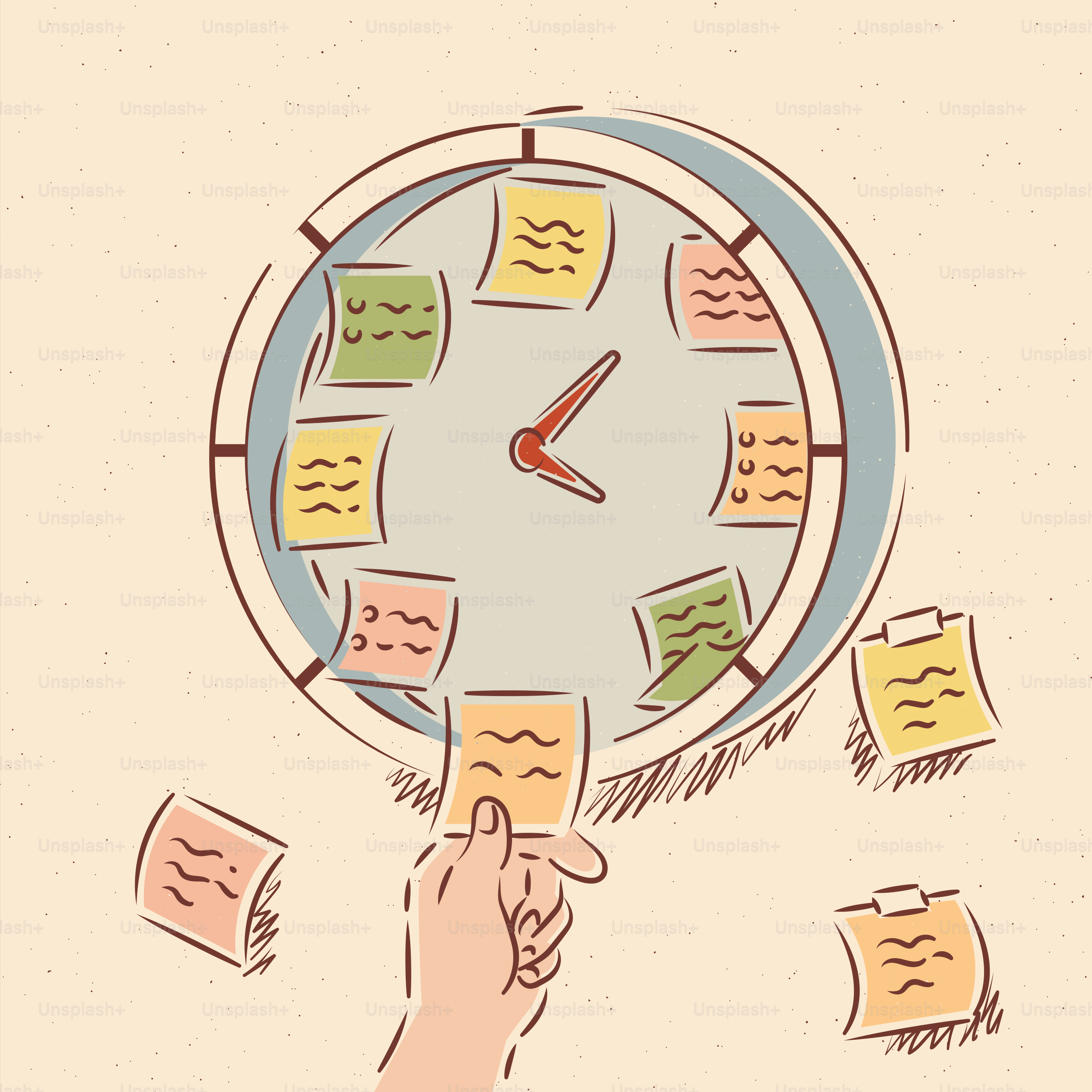 시계판에 손으로 포스트잇을 붙이는 모습