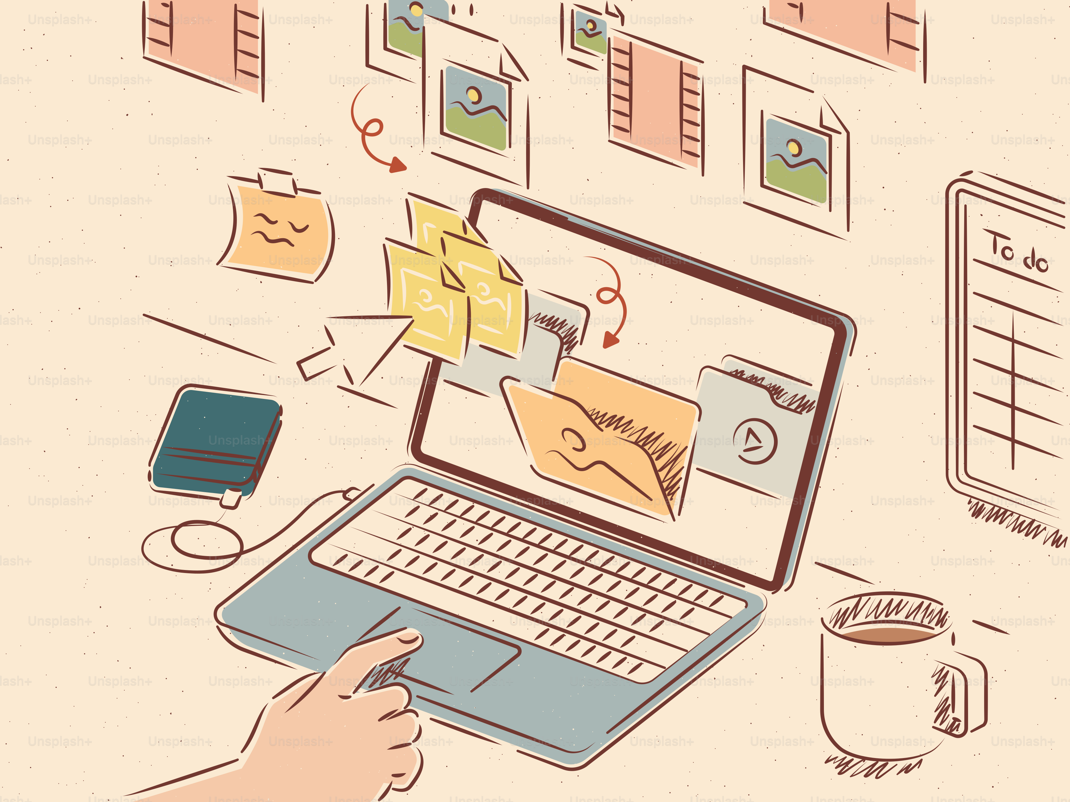 화면에 파일과 아이콘이 표시되는 노트북