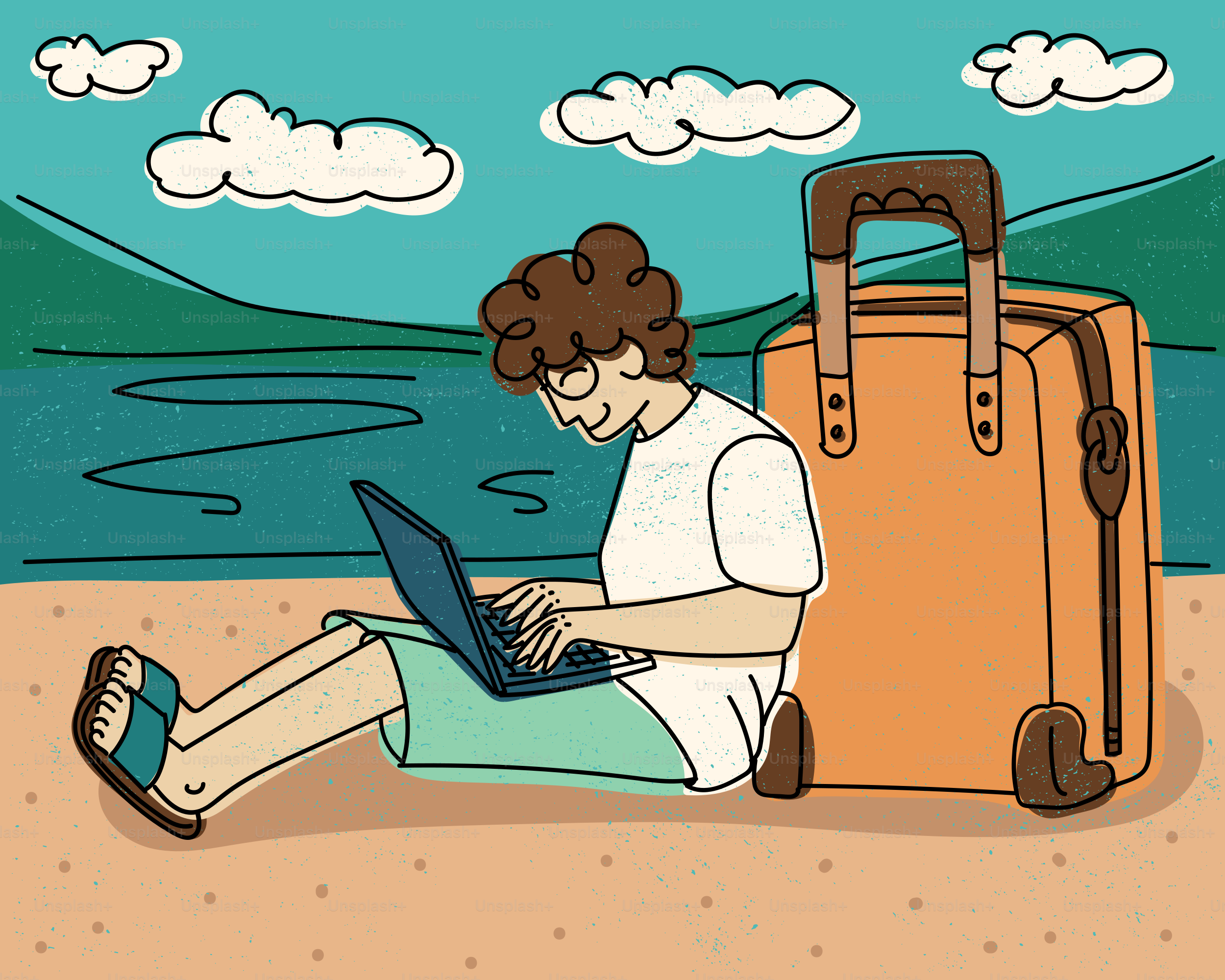 Persona trabajando en el portátil junto a una maleta en la playa