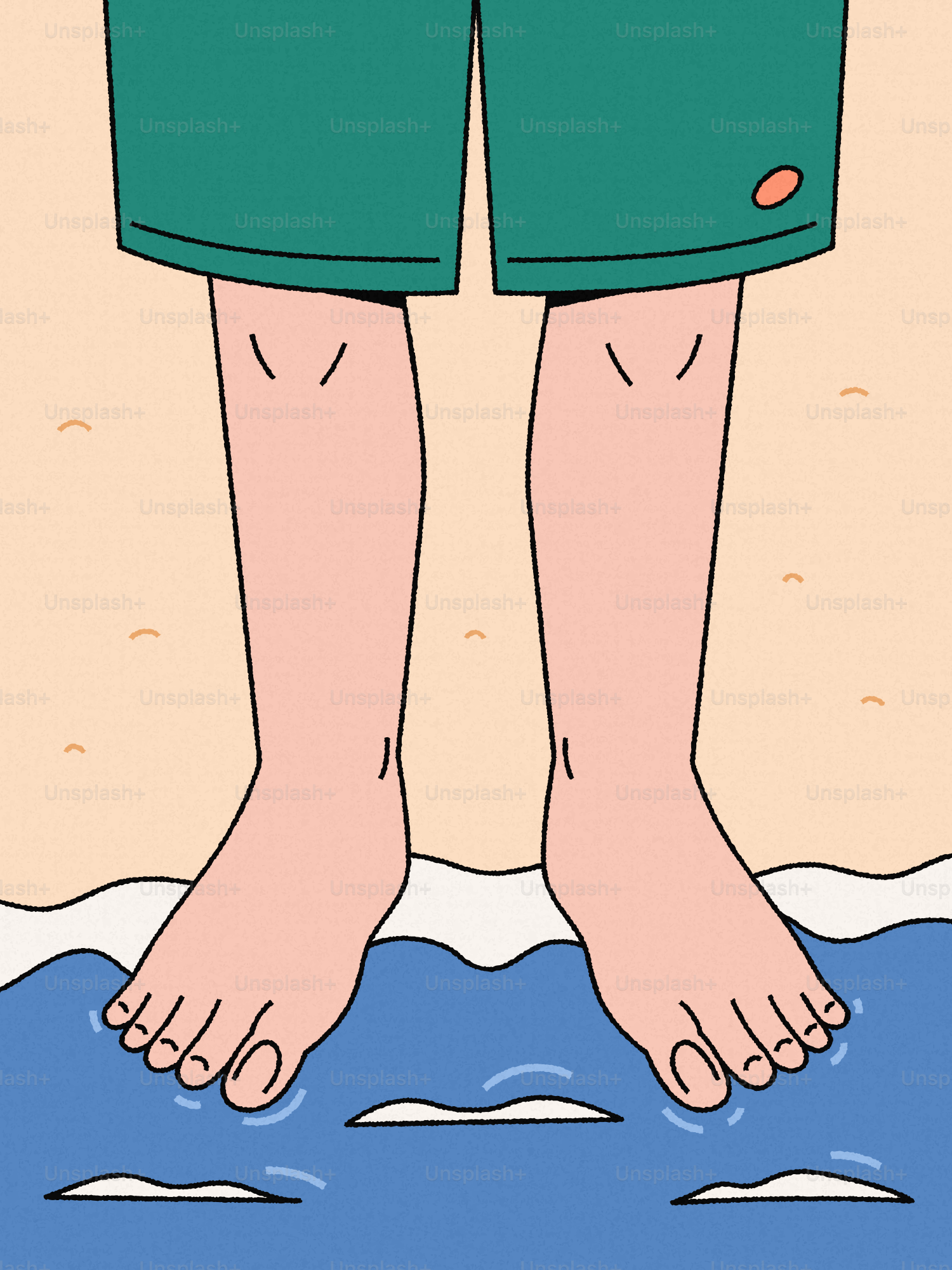 浅い海の波の中に裸足で立つ