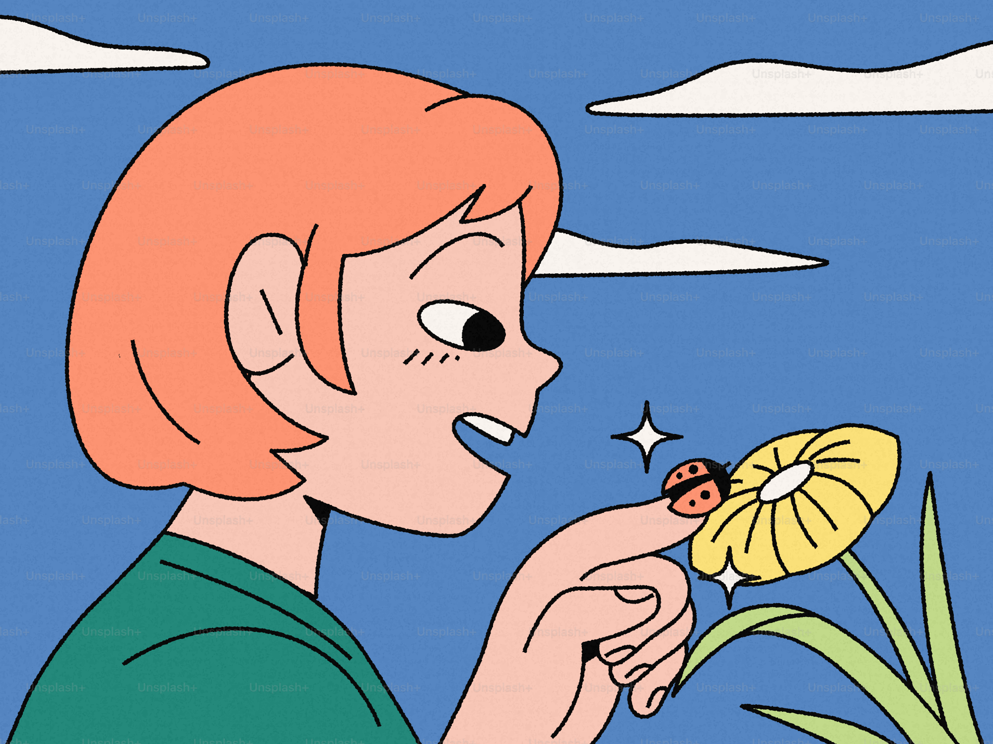 花の上でテントウムシを見ている人。