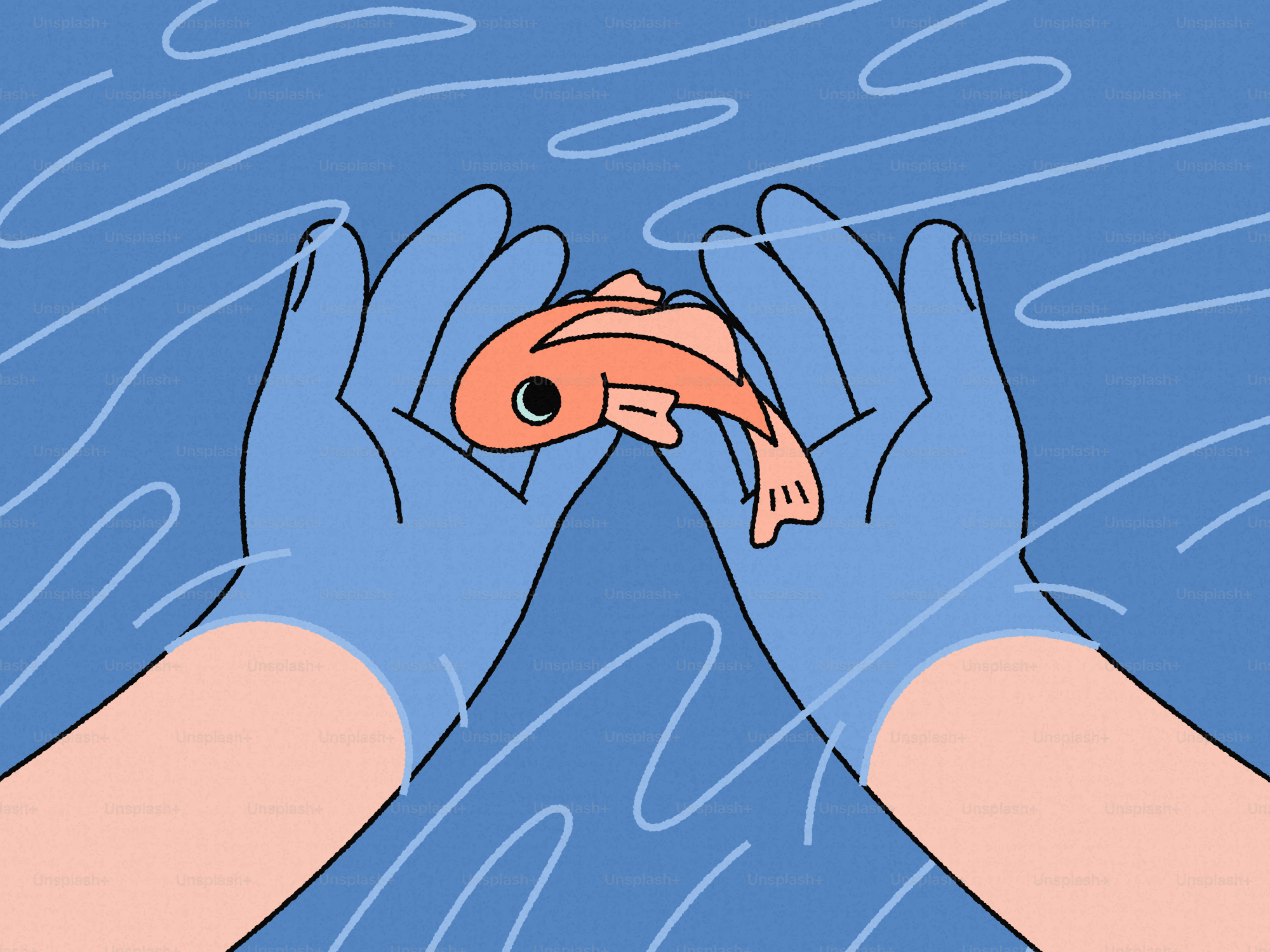 青い水の中で小さなオレンジ色の魚を手に持つ