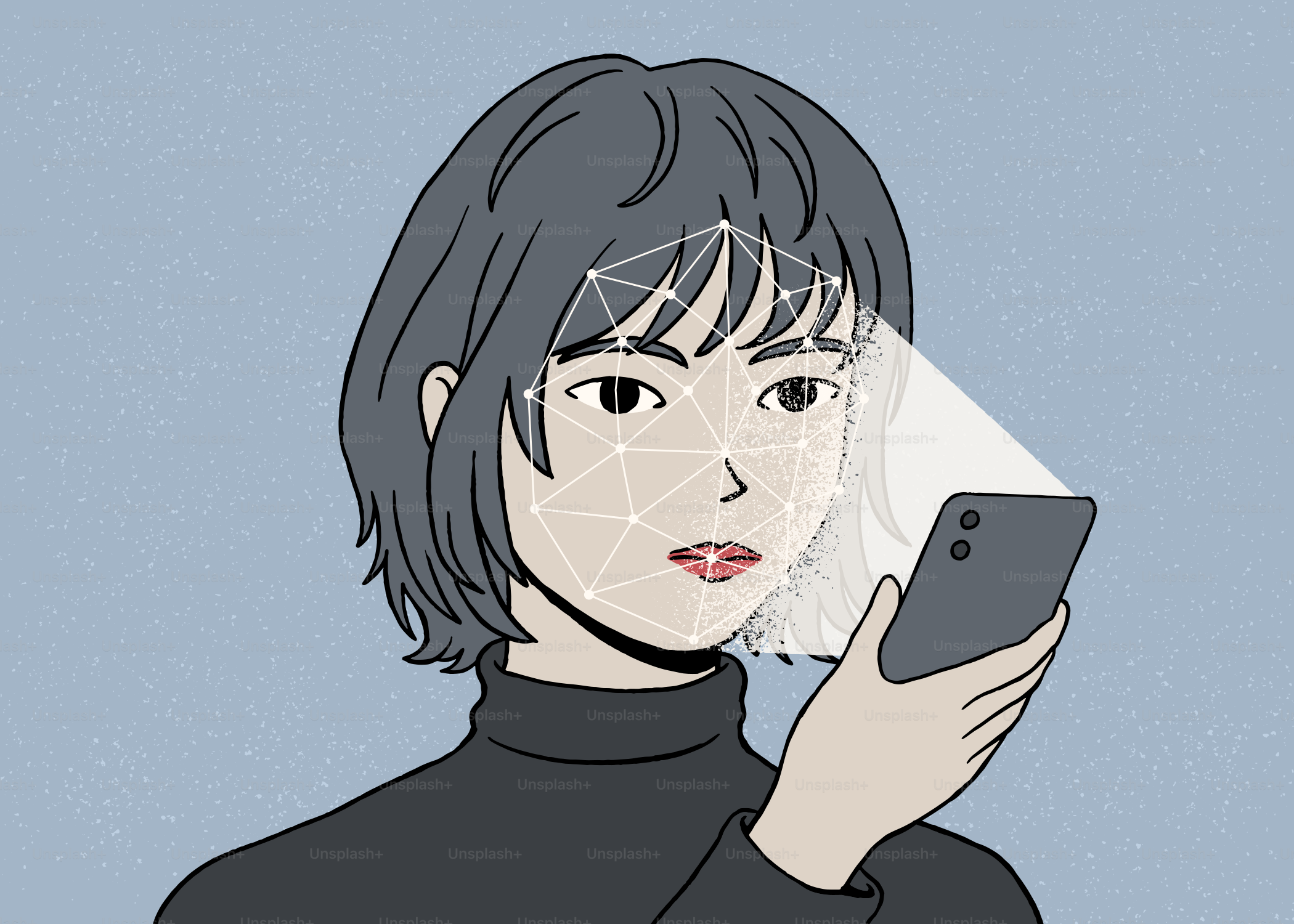 女性がスマートフォンを使って顔認識スキャンを行う
