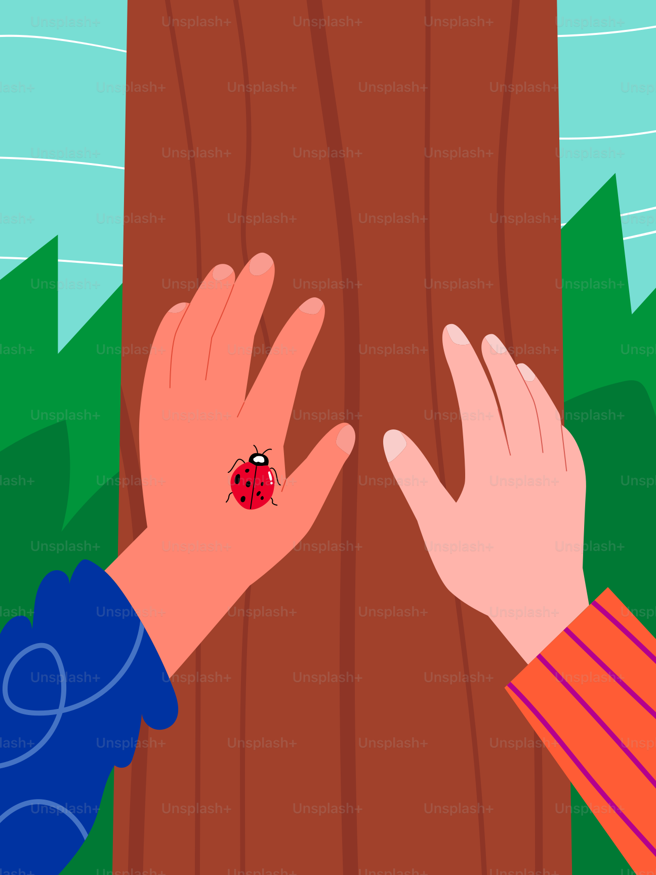 Une coccinelle repose sur une main près d’un arbre