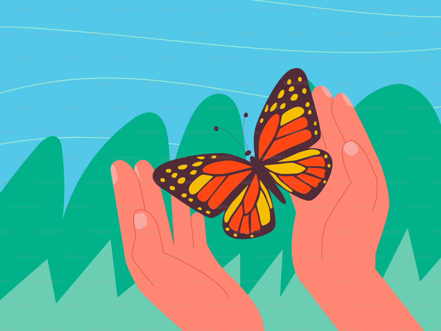 Una mariposa descansa sobre las manos abiertas sobre un fondo verde.