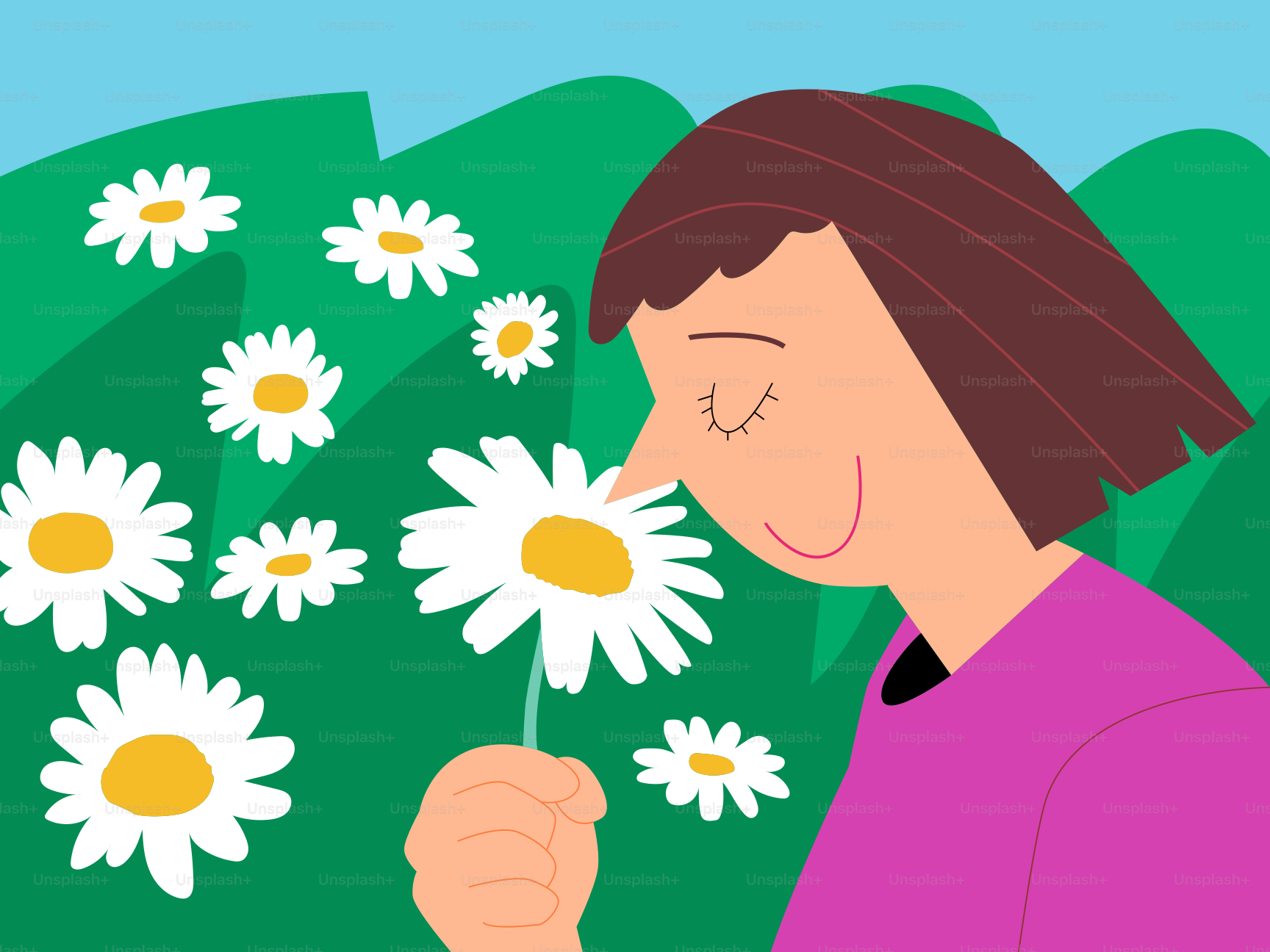 Femme sentant les marguerites dans un champ