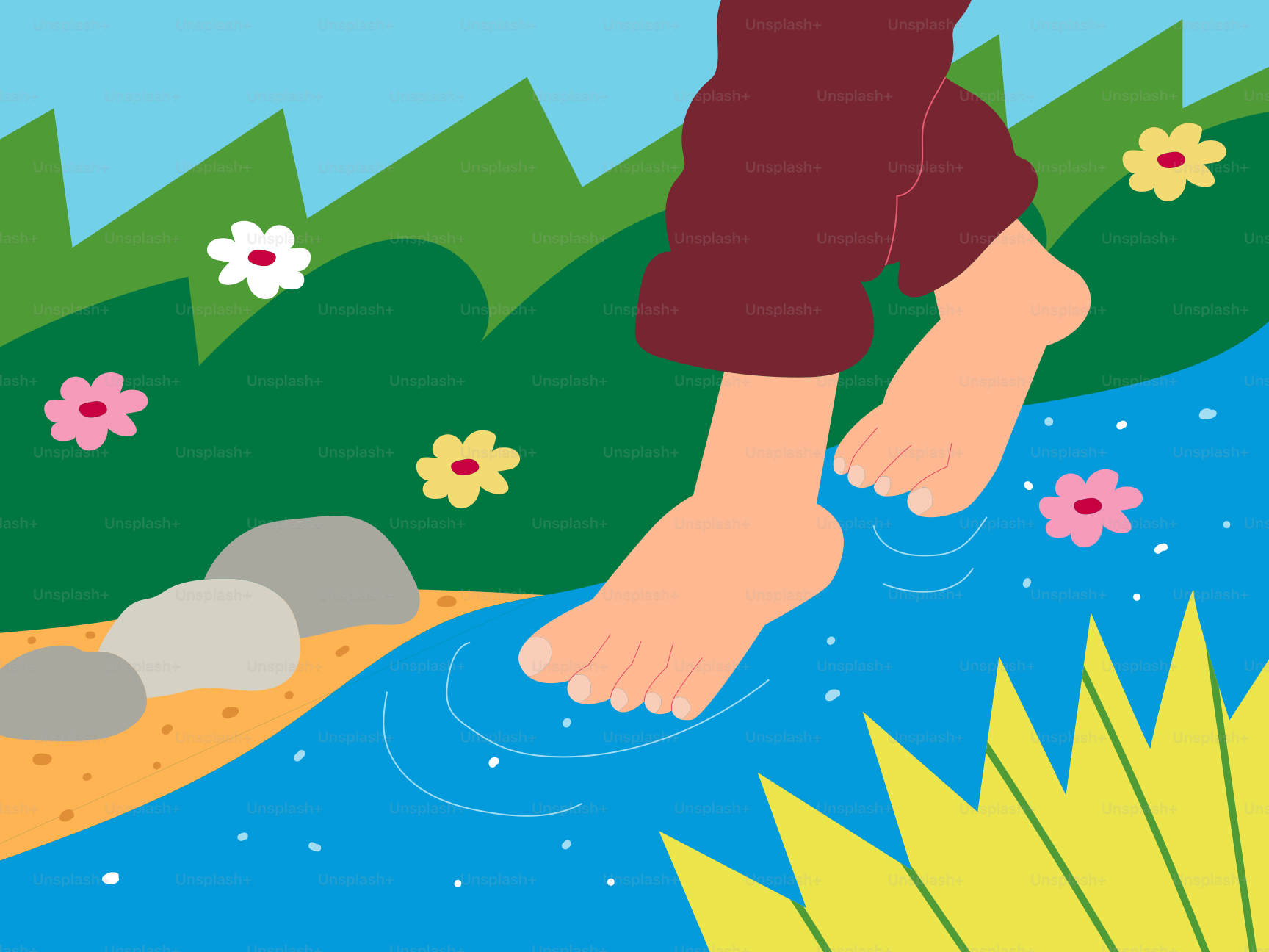 Pieds nus entrant dans un ruisseau bleu peu profond