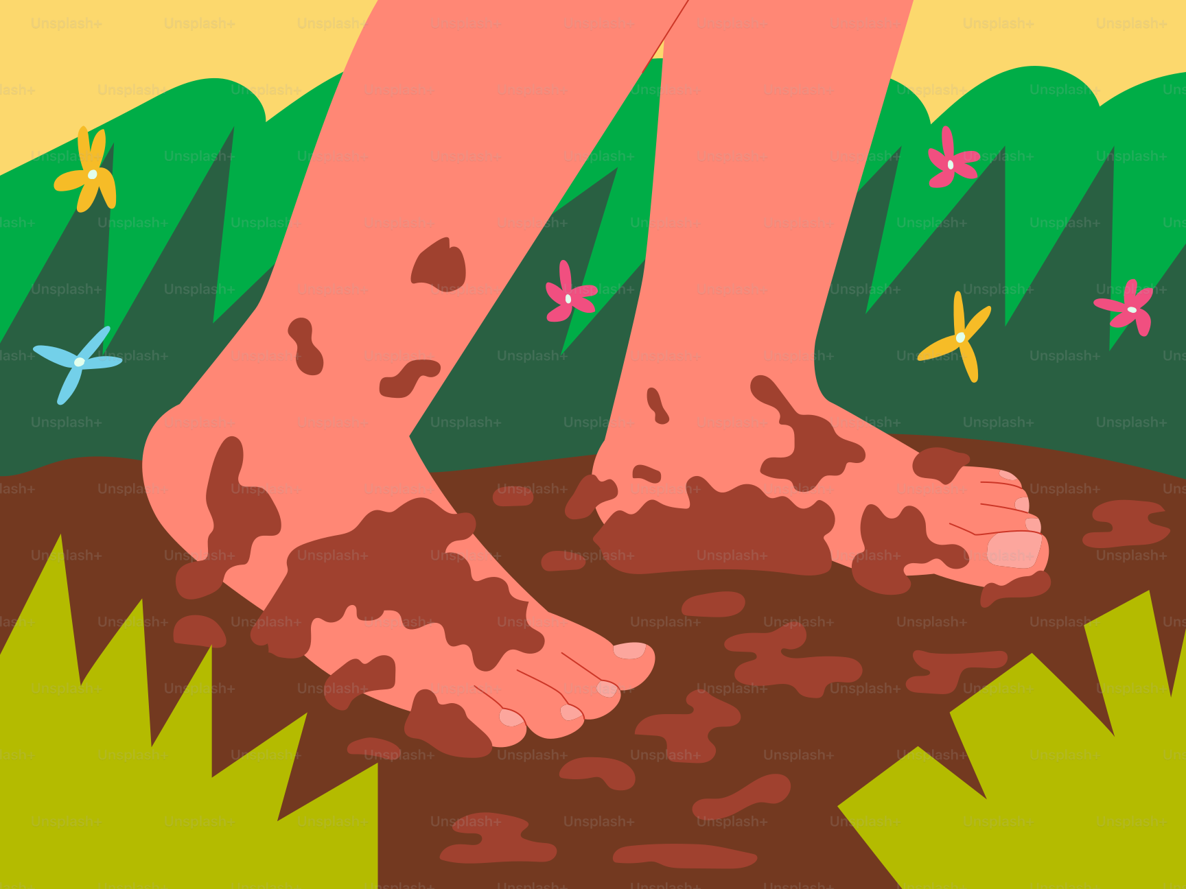 Pieds nus marchant dans un sol boueux et herbeux.