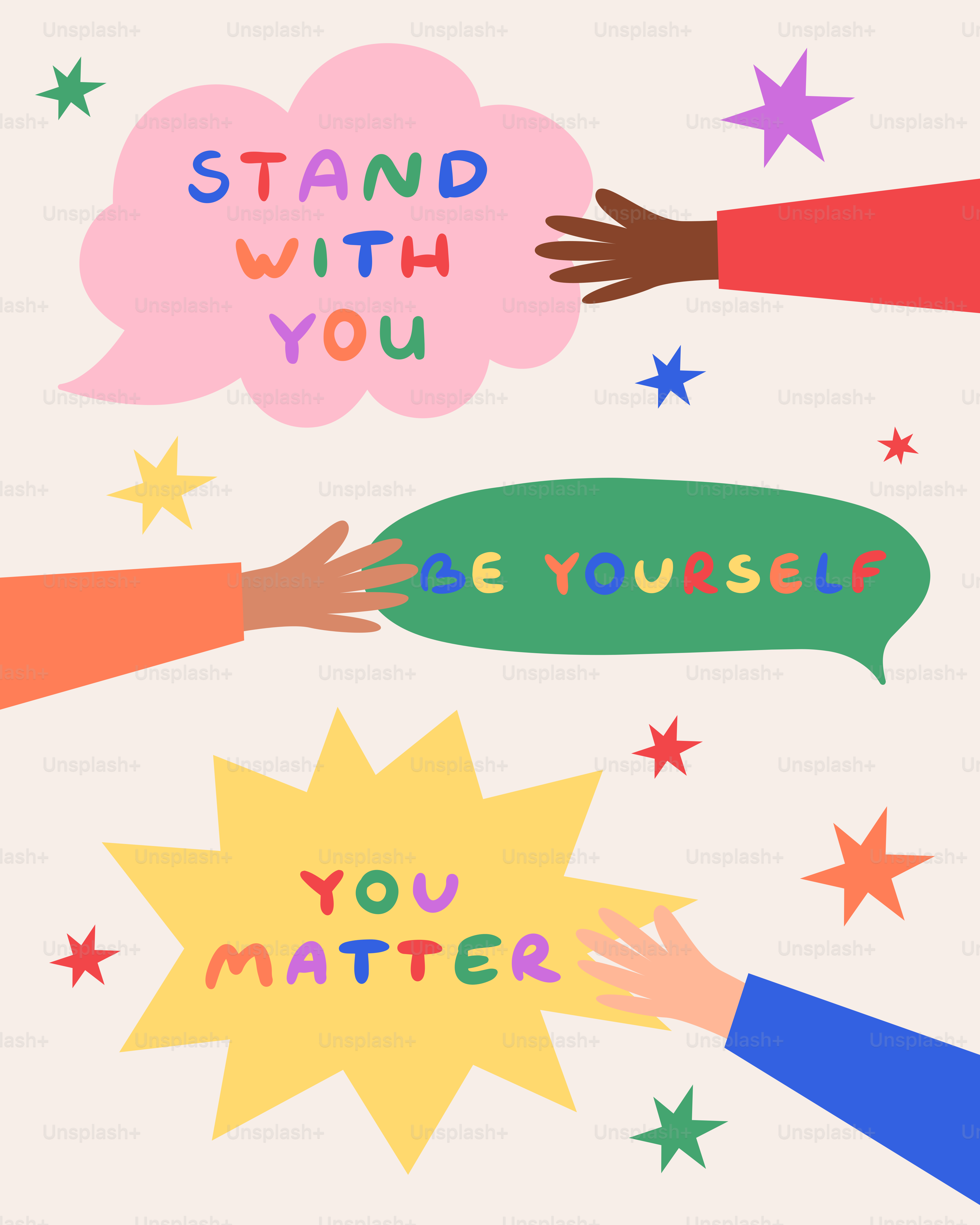 カラフルなテキスト吹き出しを手に持つ、応援のメッセージを書いています。